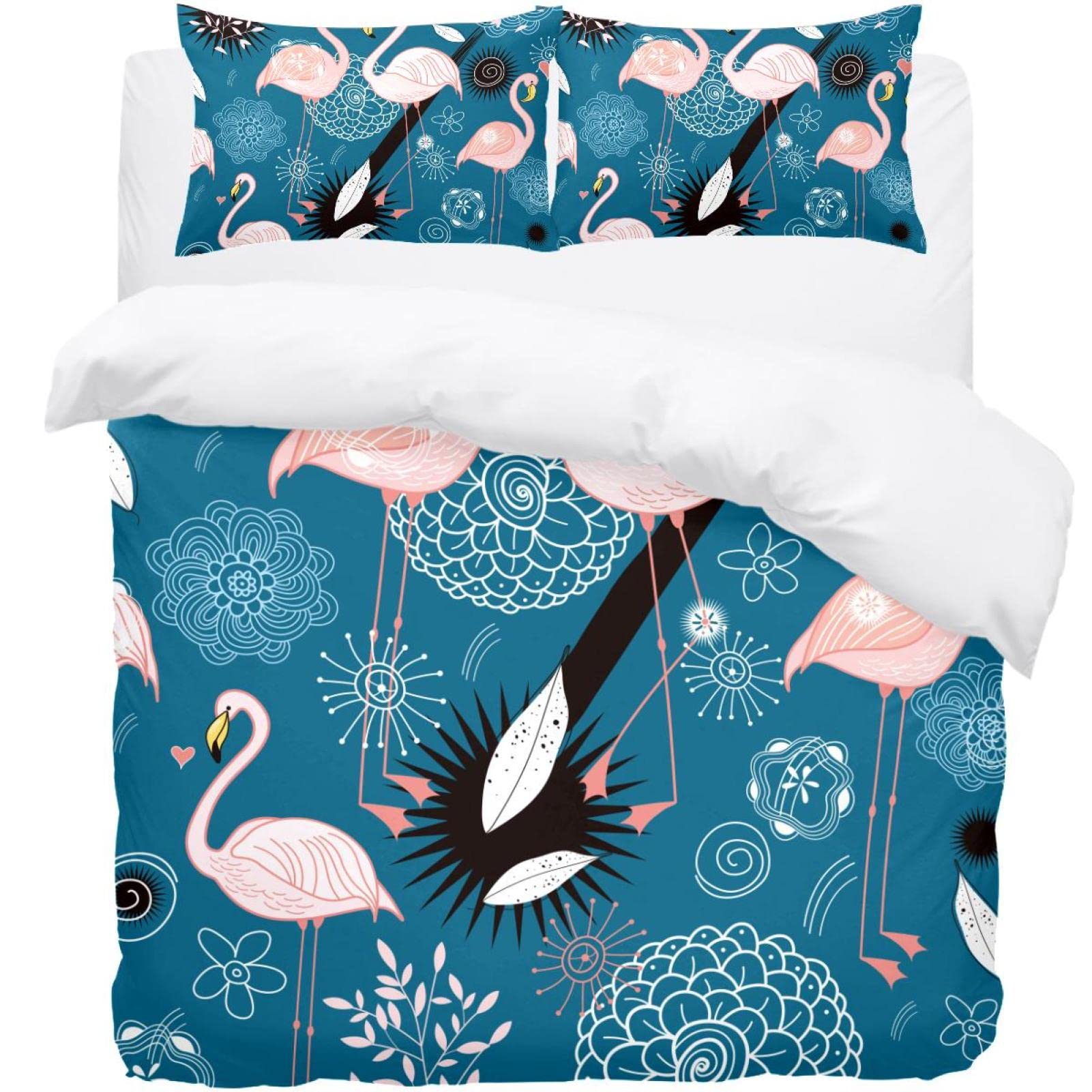 Housse de couette et taie d'oreiller flamants roses fleurs parure de lit