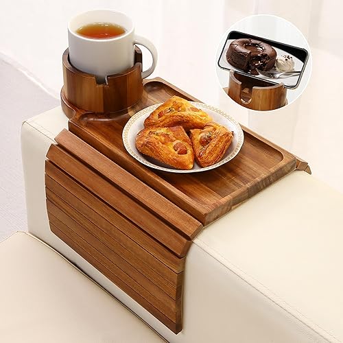 Bandeja para portavasos de sofá, mesa de madera de acacia con soporte para teléfono, bandeja plegable grande para sofá para mesa de aperitivos y