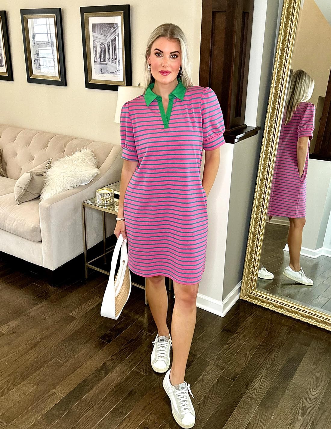 ZESICA Womens Summer Striped T Shirt Mini Dresses 2026 Casual Lapel V Neck Short Sleeve Flowy A Line Beach Vacation Dress - Image 5