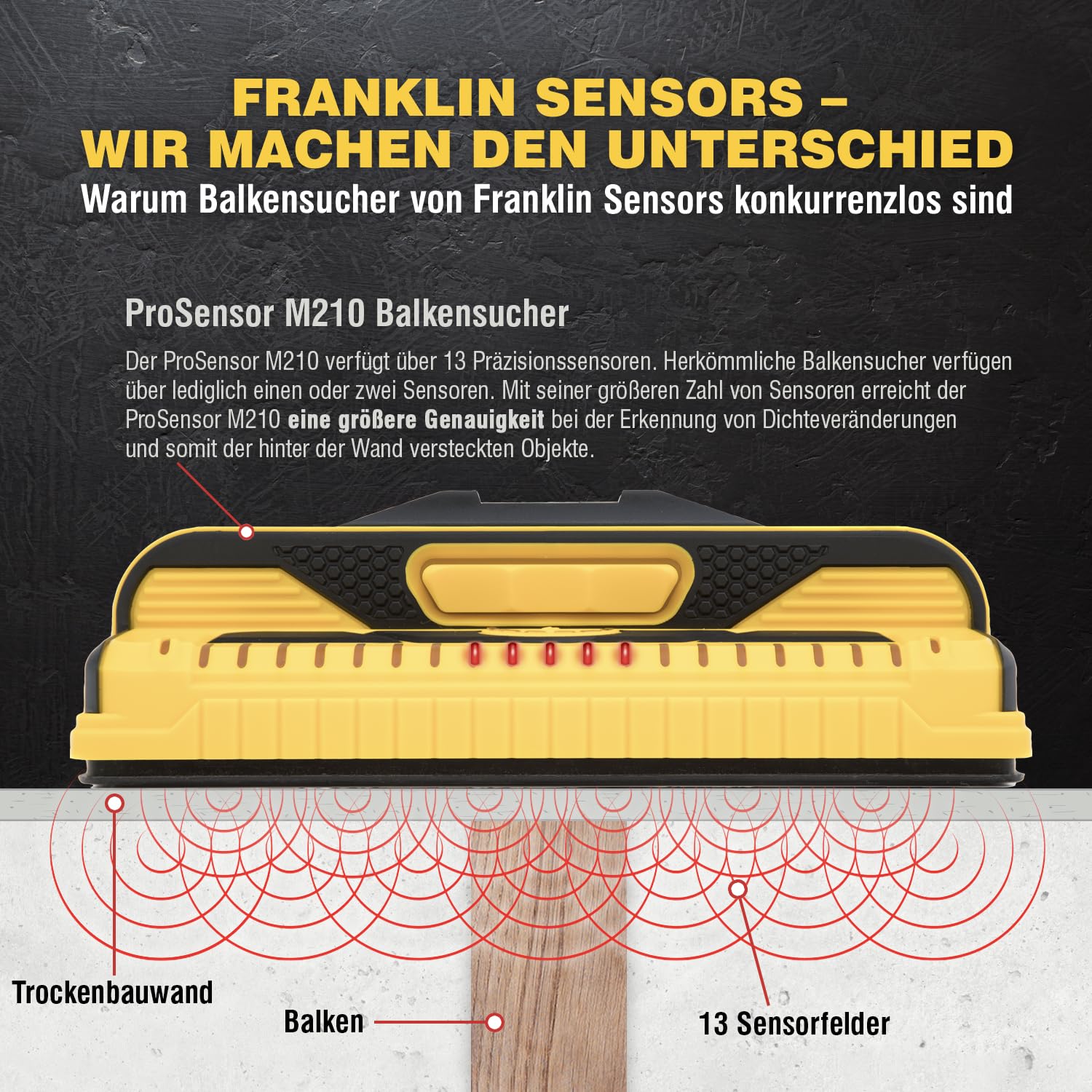 Franklin Sensors ProSensor M210 Professioneller Balkenfinder mit 13-Sensoren für höchste Genauigkeit, erkennt Holz- und Metallbolzen mit unglaublicher Geschwindigkeit, gelb