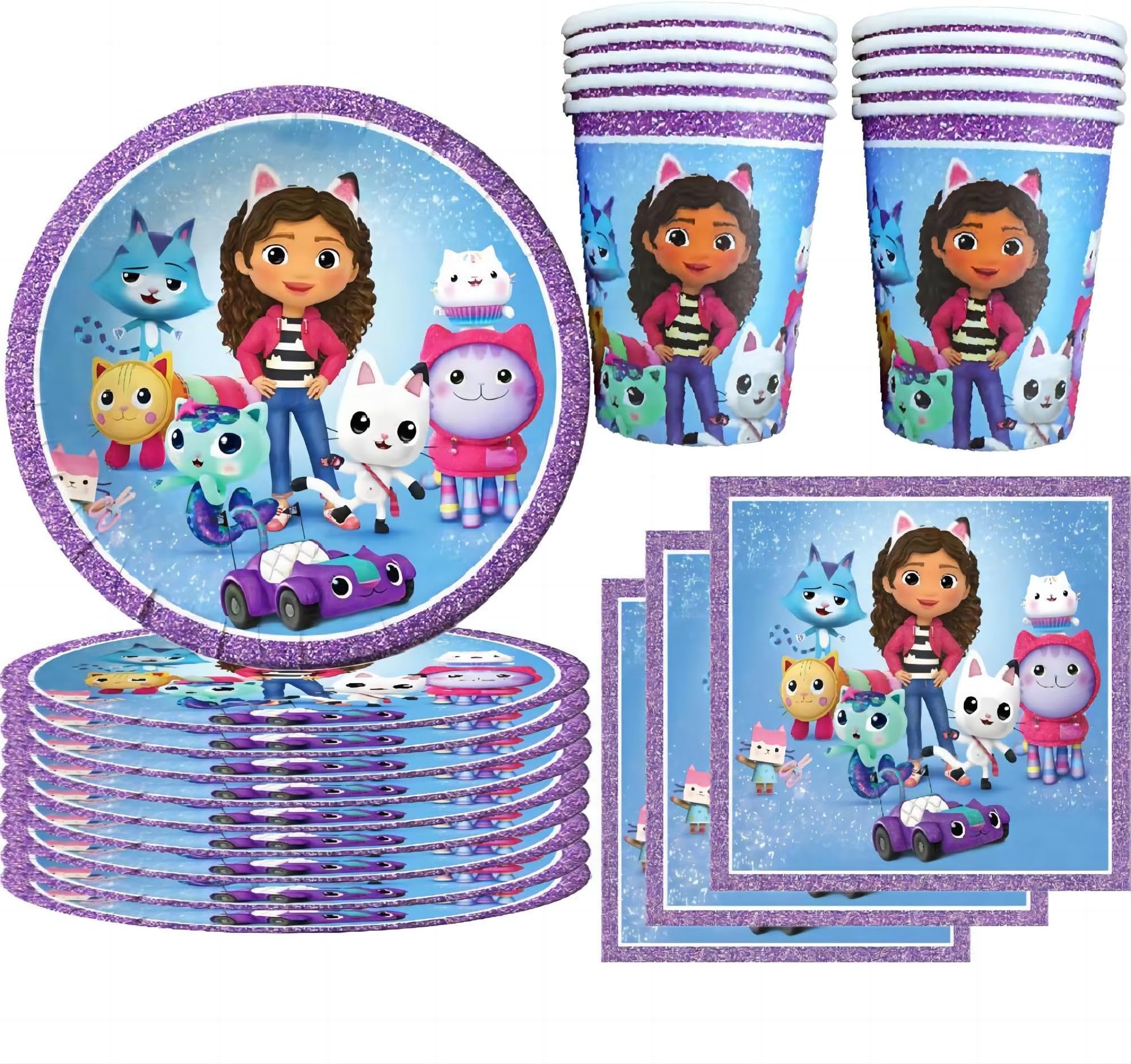 Children's Birthday Gabby Decorative Tableware Set with 10 Plates, 10 Cups and 20 Napkins for Children Birthday Party Decoration for Girls