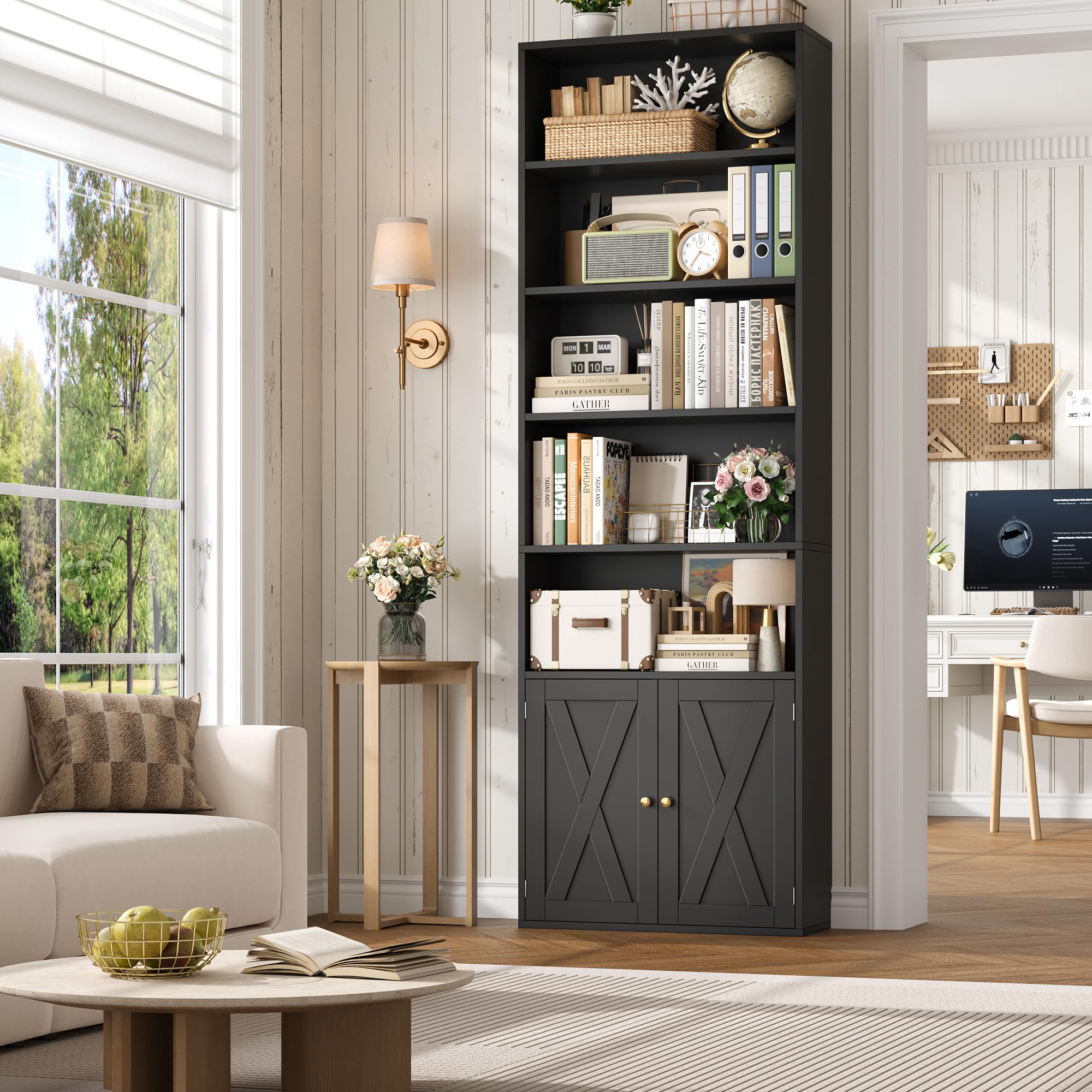 Farmhouse Tall Bookcase with Doors, Black