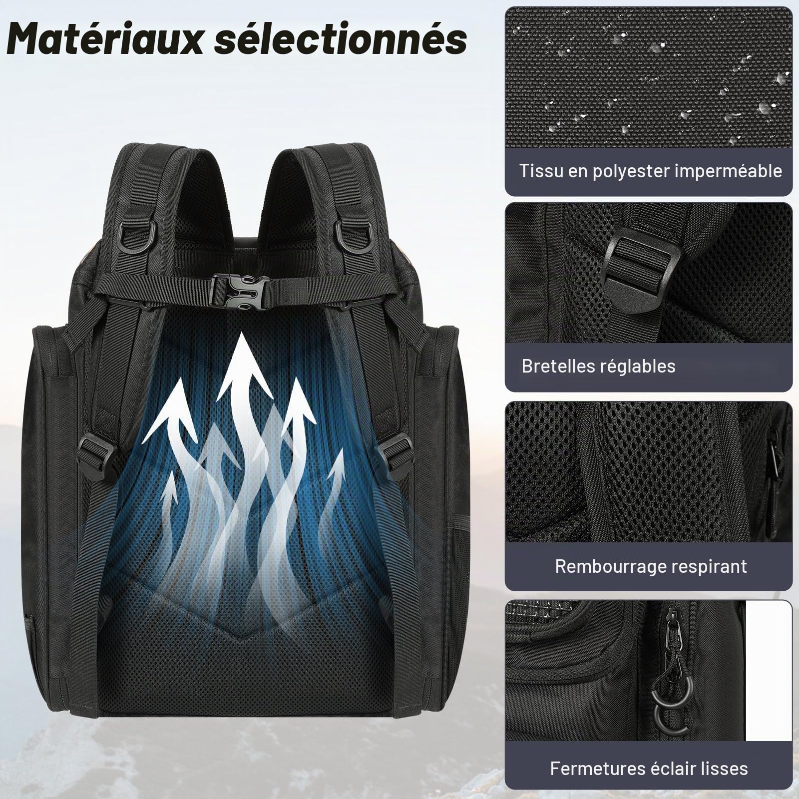 MoKo Sac à Dos de pêche, Grand Sac à Dos de pêche 40L avec Porte-Cannes et classeur d'appâts pour Stocker Le matériel de pêches⁠⁣ et l'équipement pour la randonnée et Le Camping, Noir
