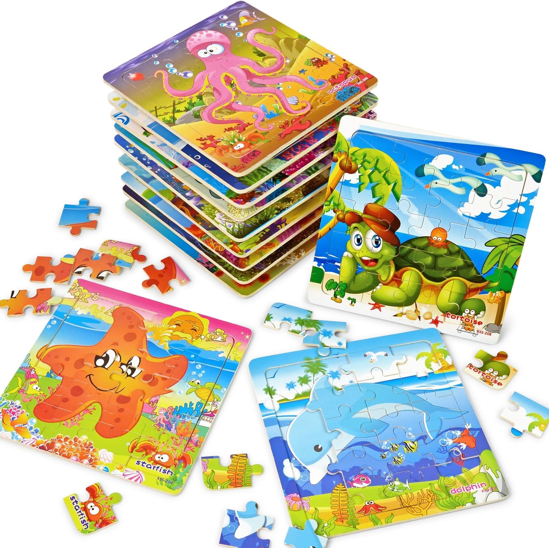 Vileafy Under The Sea Party Favors for Kids – 12 Pack Ocean Animal Wooden Puzzles with Gift Bags – 20-Piece Mini Jigsaw Toys for Boys & Girls Ages 4-8 – Birthday Return Gifts, Classroom Prizes