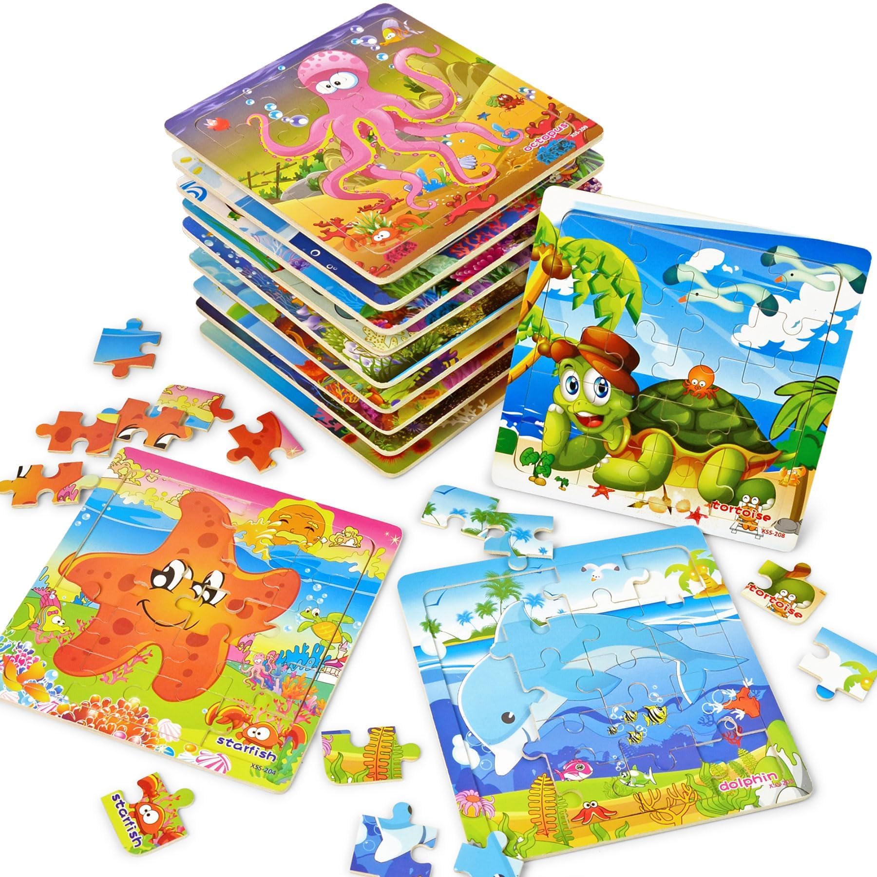 Vileafy Under The Sea Party Favors for Kids – 12 Pack Ocean Animal Wooden Puzzles with Gift Bags – 20-Piece Mini Jigsaw Toys for Boys & Girls Ages 4-8 – Birthday Return Gifts, Classroom Prizes