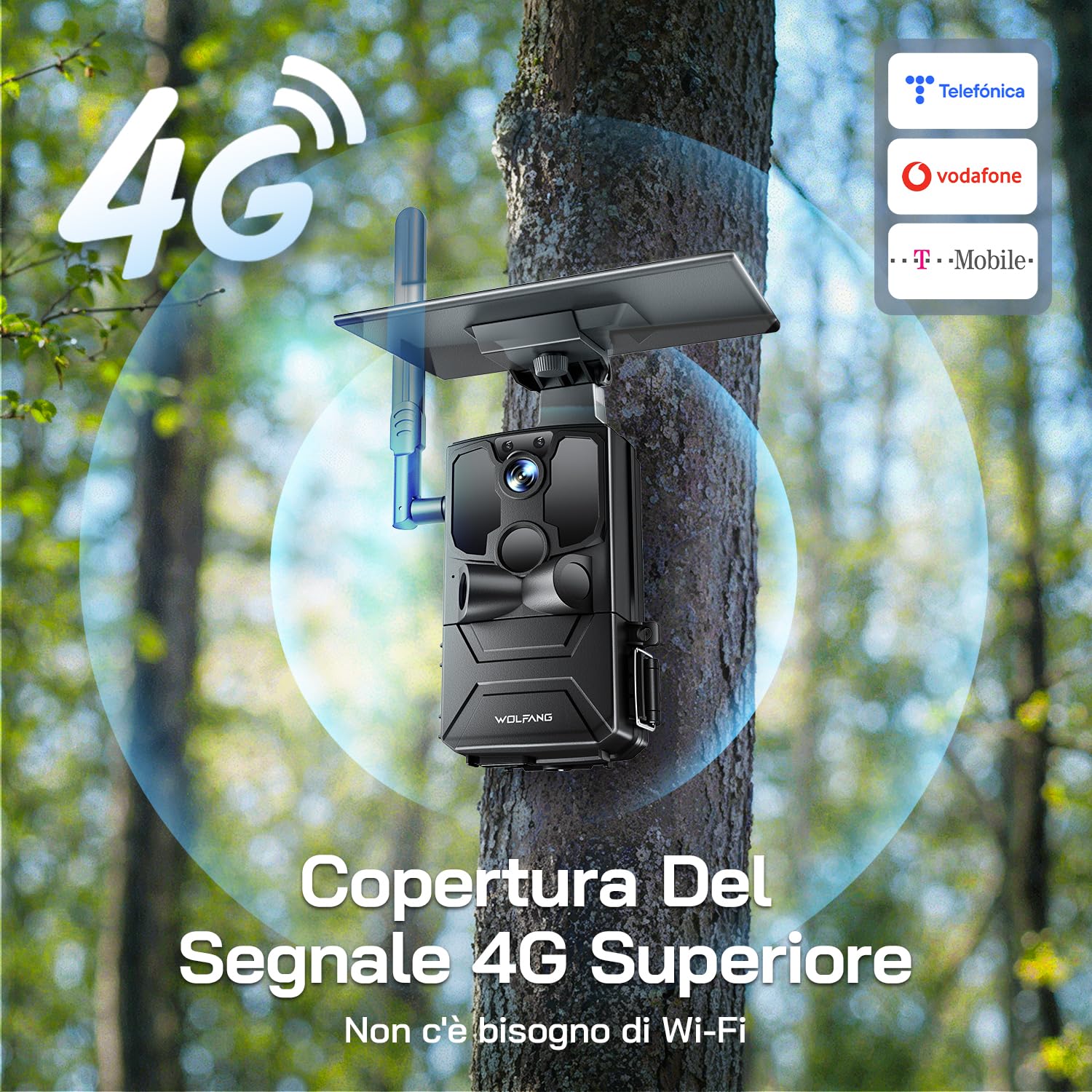 WOLFANG Fototrappola, 4G LTE Fototrappola Solare 2.5K con Scheda SIM Preinstallato e SD, Fotocamera con Allarme, Visione Notturna, Angolo 120° 82ft, Tempo di Scatto 0,2s, IP66 Impermeabile, Nero