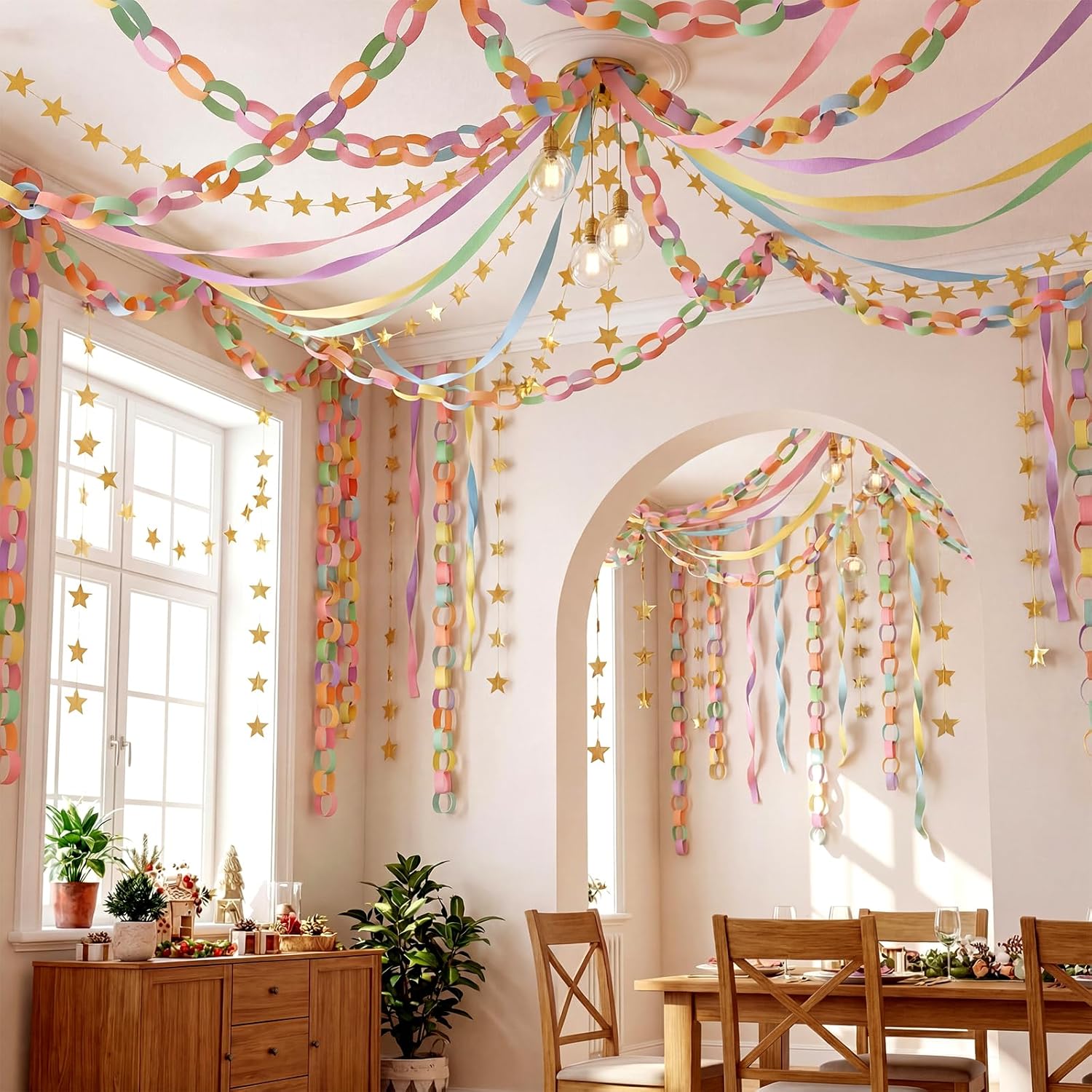 TaoBary Easter Decorations 492ft Pastel Crepe Streamers 600 Sheet Paper Strips Chain Garland 65.5ft Star Hanging for Pastel Party Birthday Wedding Decor