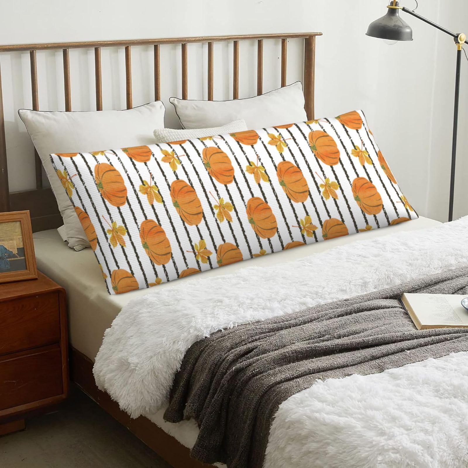 Autumn Pumpkins And Leaves, Body Pillow Cover with Zipper,Long Body Pillowcase 20 x 60 in