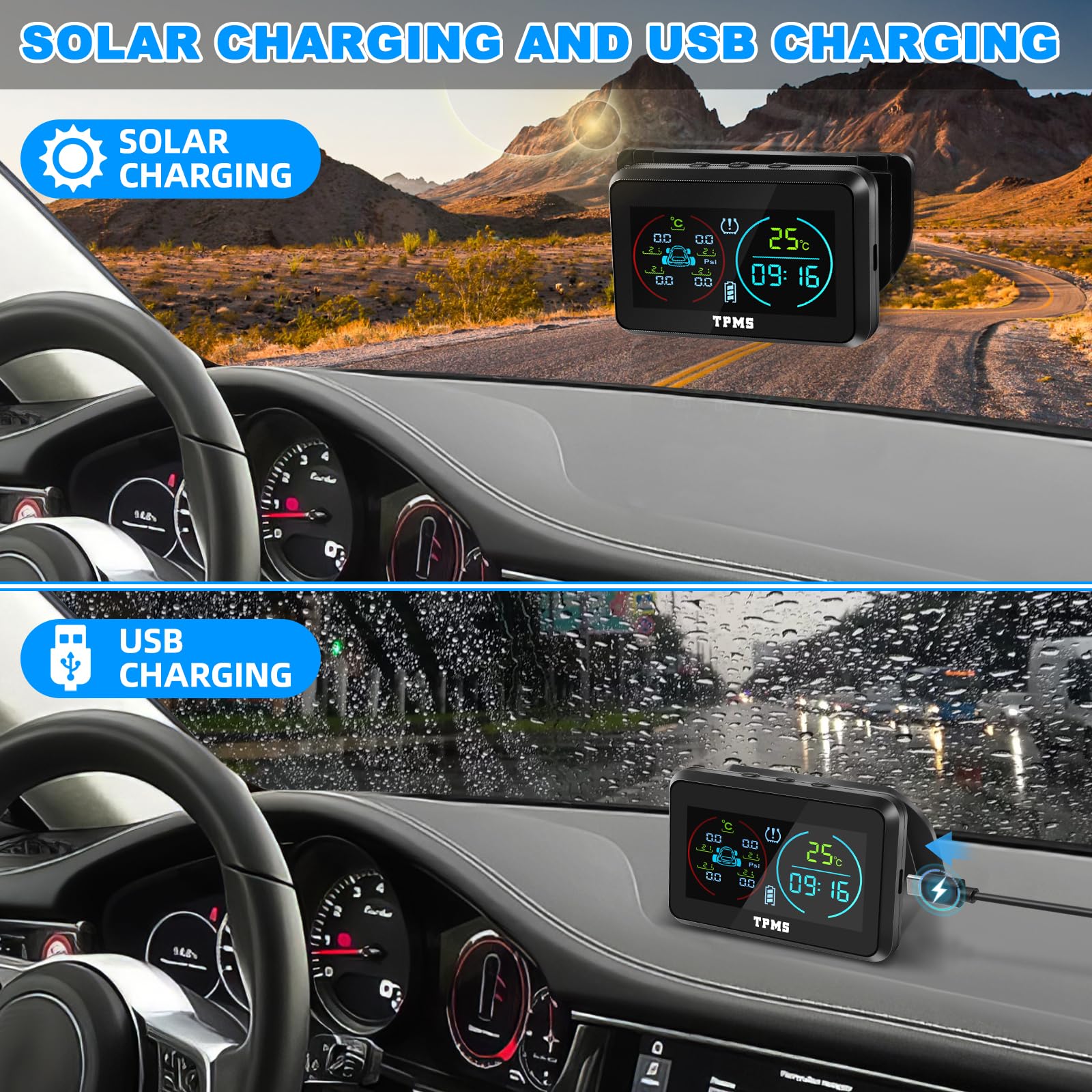 TPMS(0-6.5Bar) Sistema Monitoreo De PresióN De NeumáTicos Carga Solar USB, 4 Sensor Presion Neumaticos 5 Modos De Alarma Monitorización（Temperatura y presión etc.）para Coche SUV Furgoneta