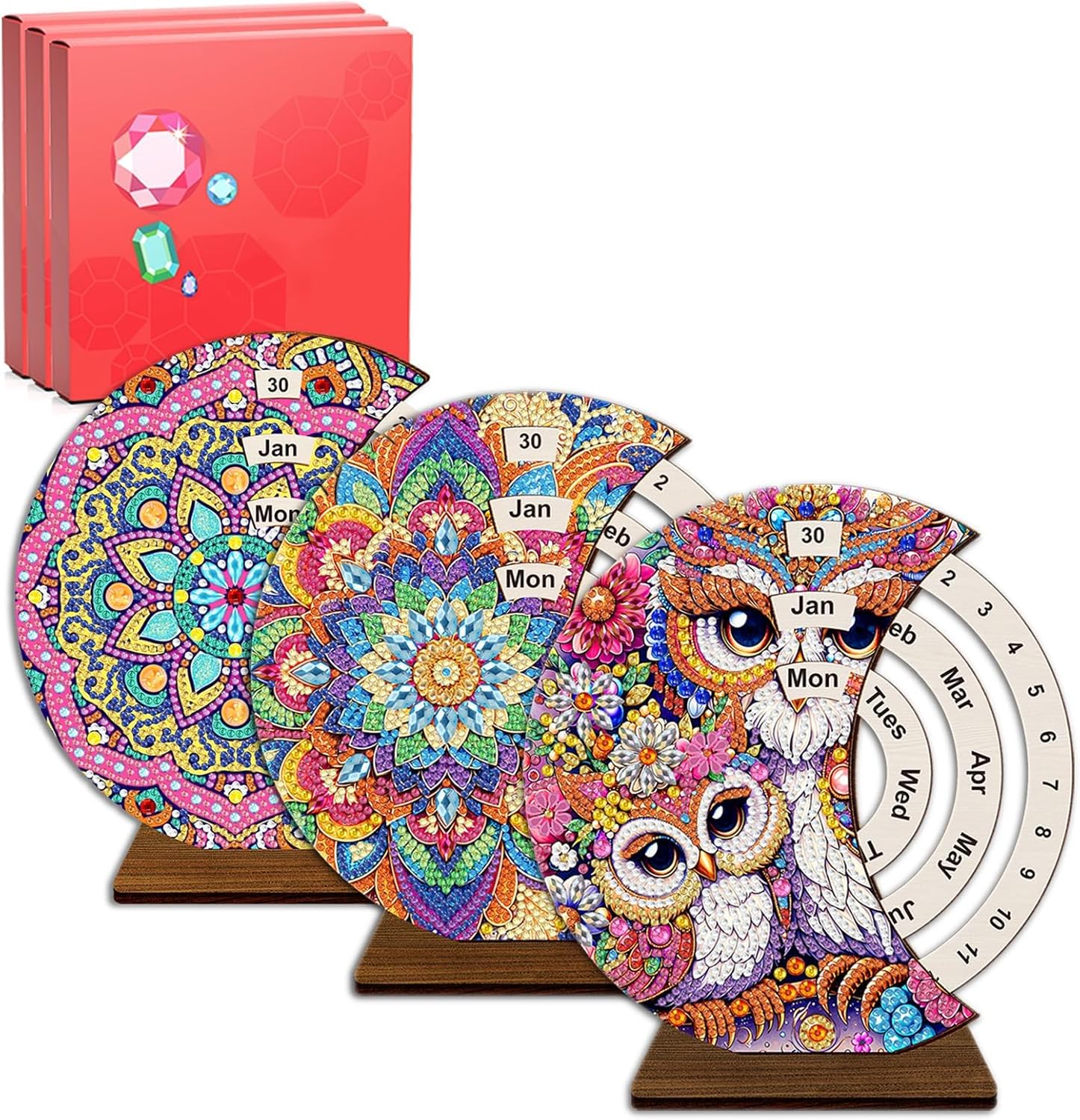 CharySim 3D Diamond Art Wooden Perpetual Calendar Kits for Adults Mother’s Day Gifts Painting Accessories Gem Tools Crystral dots Paint for Home Desktop Stand (Mandala&Owl&Sunflower 3)