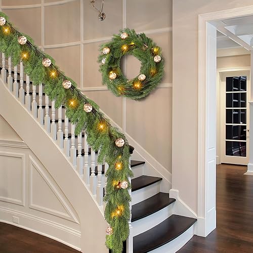 Miniatura 5 de Ceenna Guirnalda de cedro de Navidad preiluminada de 6.2 pies con luces, guirnalda de pino artificial con adornos de bolas, 8 modos de temporizador,