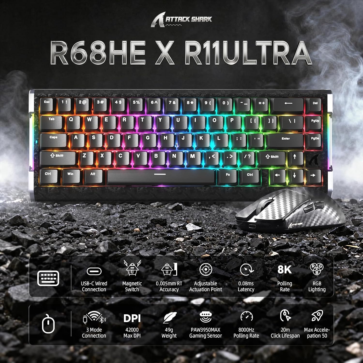 ATTACK SHARK R68 HE & R11 Ultra Combo – 60% Magnetic Switch Keyboard, 0.005mm Rapid Trigger, 8000Hz + 49g Carbon Fiber Tri-Mode Mouse, PAW3950MAX, 42000 DPI, Black/Black Wave + Grip Tape