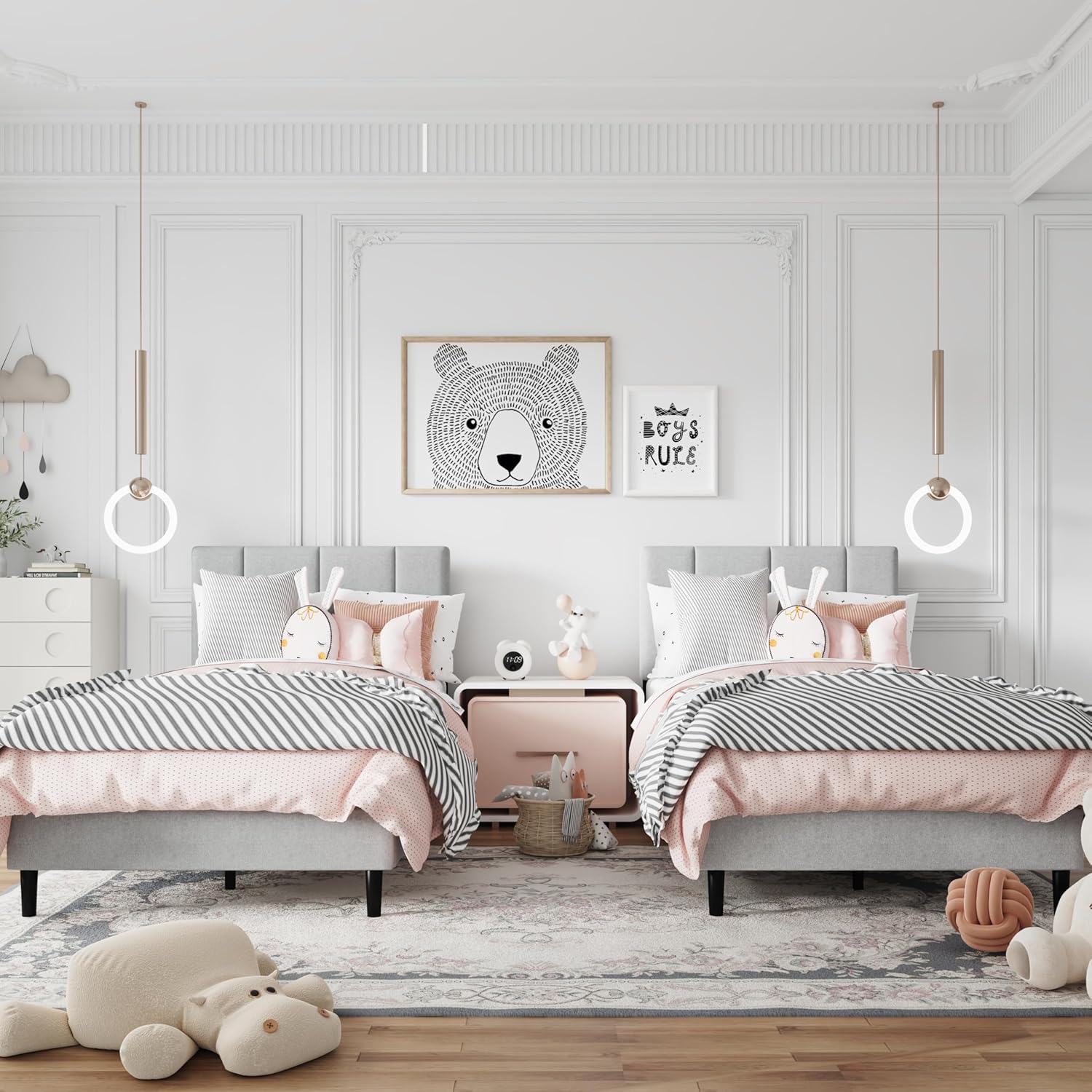 Twin Size Bed Frame Platform with Velvet Upholstered Headboard, Sturdy Wooden Slats, No Spring Box, No Noise, Easy to Assemble, Bedframe with Strong Wooden Slats, Light Gray - Image 3