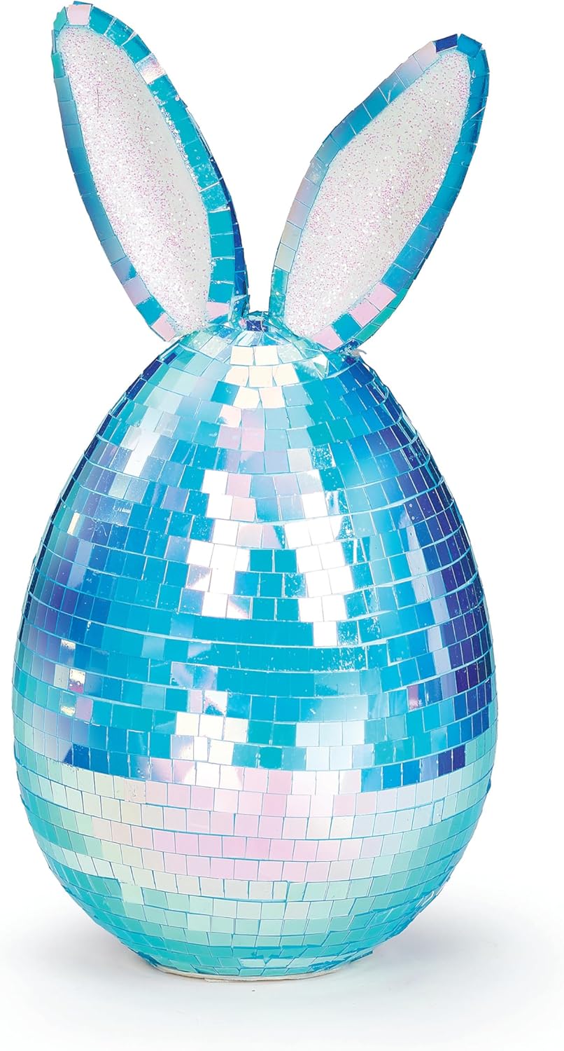 Roman, 8" Blue Mirror Ball Egg with Bunny Ears, Easter Disco Egg Table Decor