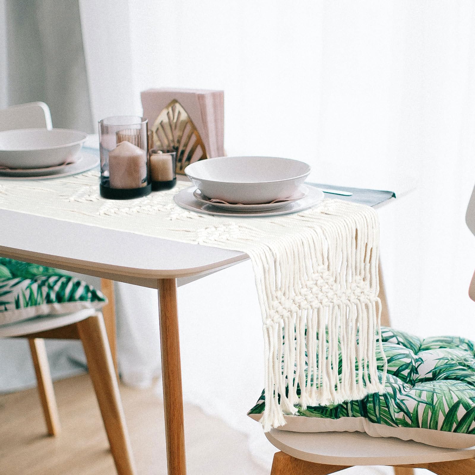 Makramee Tischläufer mit Quasten Gewebte Baumwoll Tischdecke für Hochzeiten und Partys Nordischer Stil Salbeigrün Tischdeckenverzierung für Esszimmer und Feier