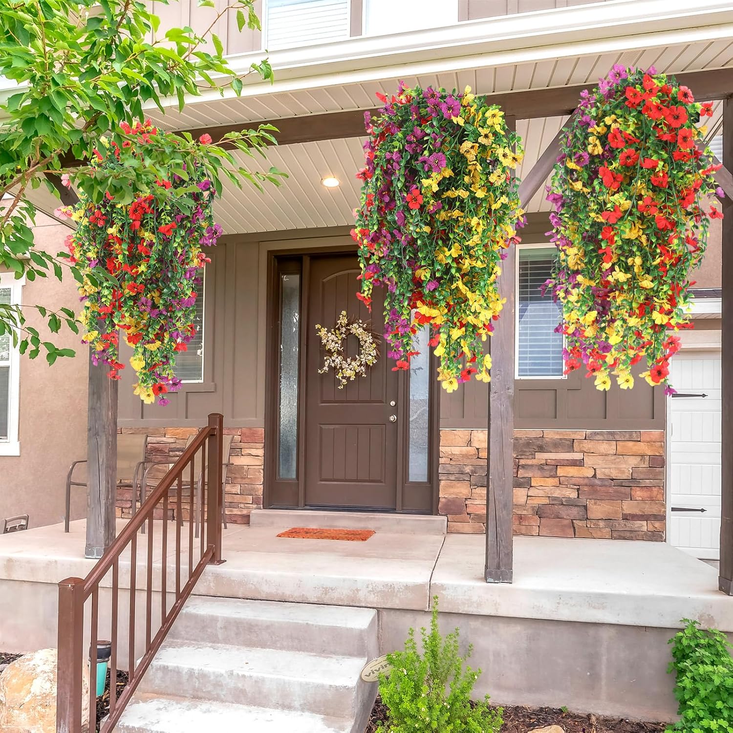 12 Pcs Artificial Hanging Flowers for Outdoor Spring Decoration Fake Hanging Plants Outside Fake Silk Flower Violets with Eucalyptus Realistic UV Resistant Trailing Vines Porch Yard Classic