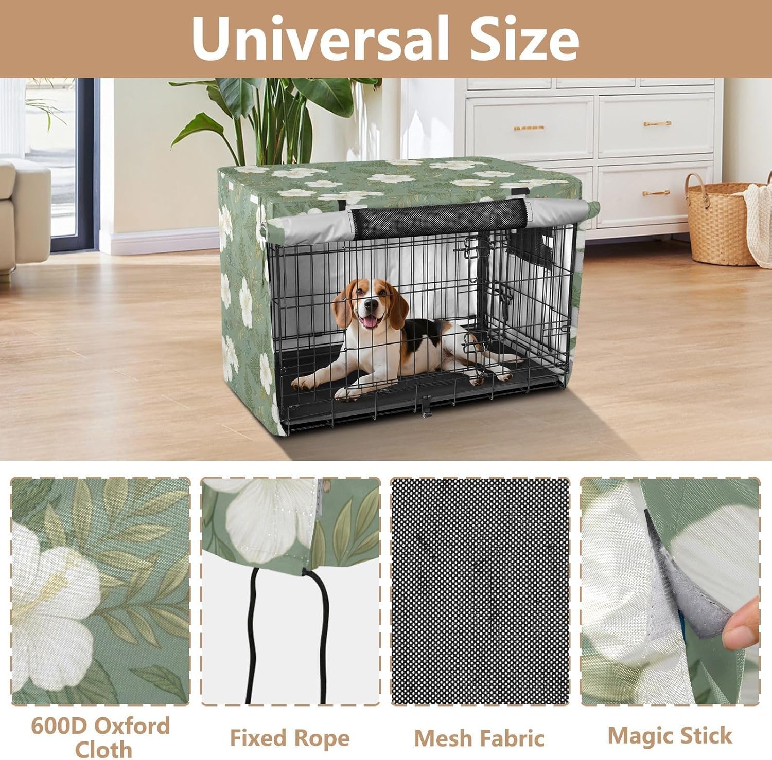 Duty 600D Silver Coated Dog Crate Cover, Water-Resistant Floral Print Pet Kennel Canopy with Mesh Windows for Optimal Ventilation, Universal Fit for Standard Wire Cage, Indoor & Travel