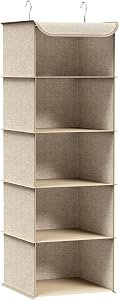 SONGMICS Organizador Armario, Bolsa Colgante de Armario, Plegable, Ahorro de Espacio, con Ganchos Metálicos, Refuerzo de Bambú, Patrón de Lino, Beige Arena RCH005Y01