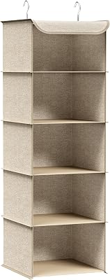 SONGMICS Organizador Armario, Bolsa Colgante de Armario, Plegable, Ahorro de Espacio, con Ganchos Metálicos, Refuerzo de Bambú, Patrón de Lino, Beige Arena RCH005Y01