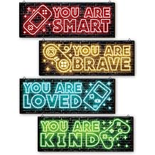 YLOLUL 4 Pieces Neon Gaming Decor for Boys Room Wooden Video Game Wall Art Print Motivational Quote Gamer Hanging Plaques Wall Decor for Boys Kids Room Bedroom Playroom Decorations, 16 X 5 Inches