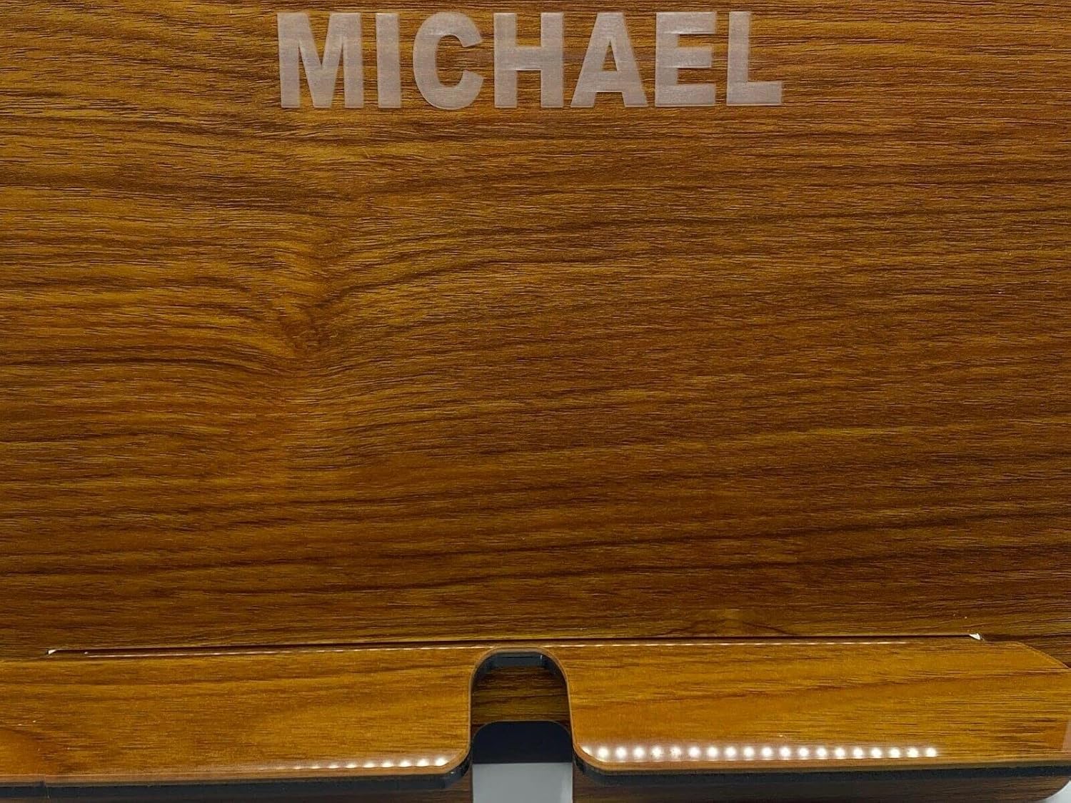 MIRROR MANIA Wood Tone Acrylic Tablet Ipad Holder Stand Custom Desktop Organizer Personalized Free Engraved Made to Order, Features Crafted Designed Space for Charging Cord