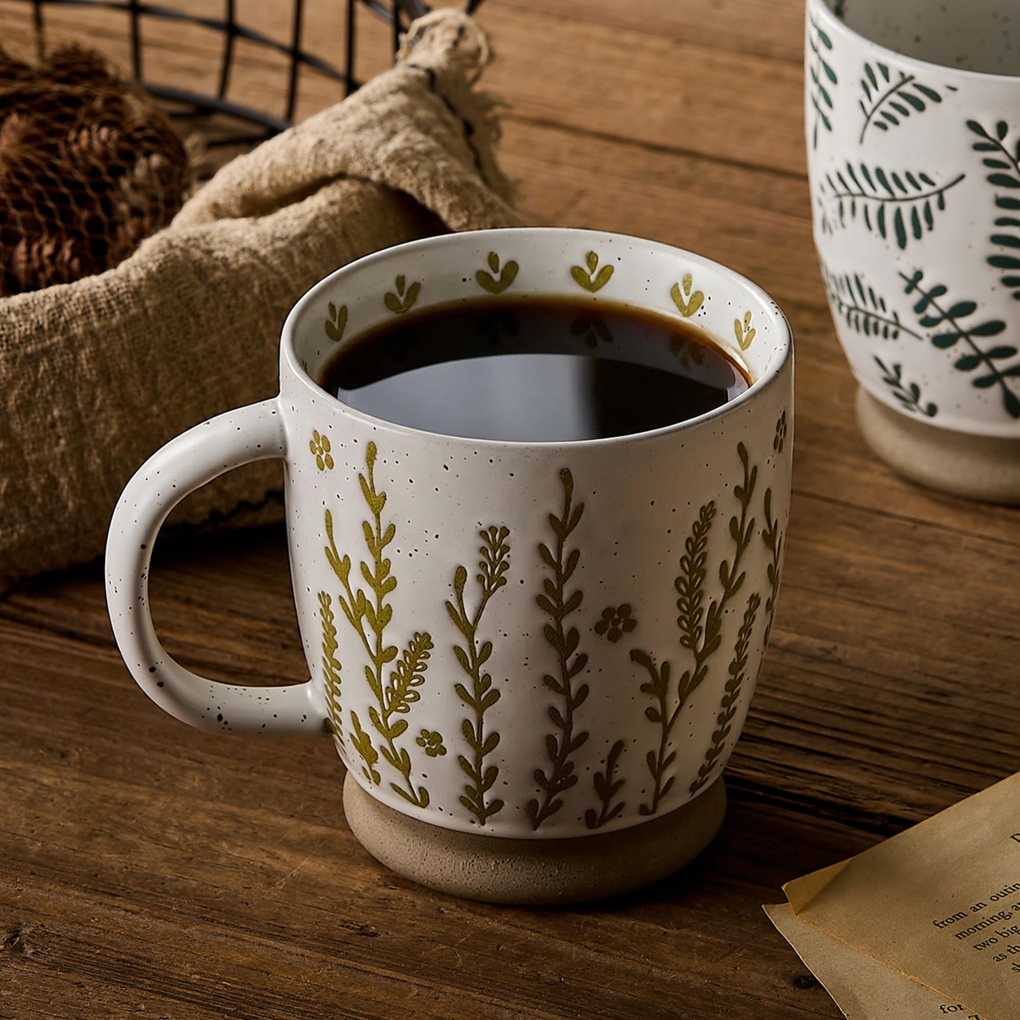 Handbemalte Keramik Kaffeetassen Set Landhausstil,Set of 4, 530ml Steinzeug Tonbecher für Espresso Tee, mikrowellengeeignet, Geschenk für Zuhause Büro