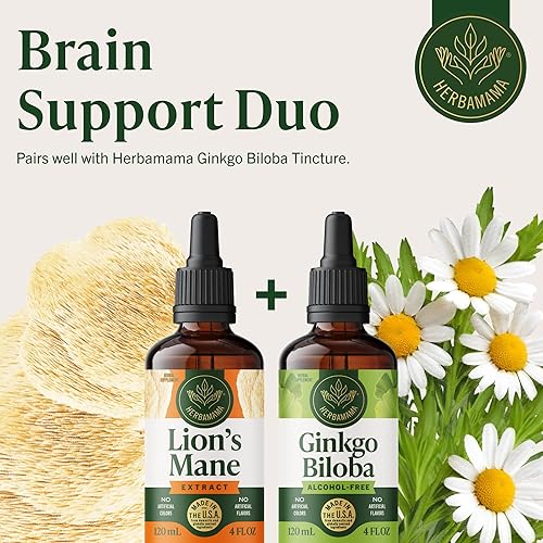 Miniatura 6 de HERBAMAMA Lions Mane Tincture - Extracto líquido de suplemento de hongos de melena de león para función cognitiva, memoria, enfoque y claridad,