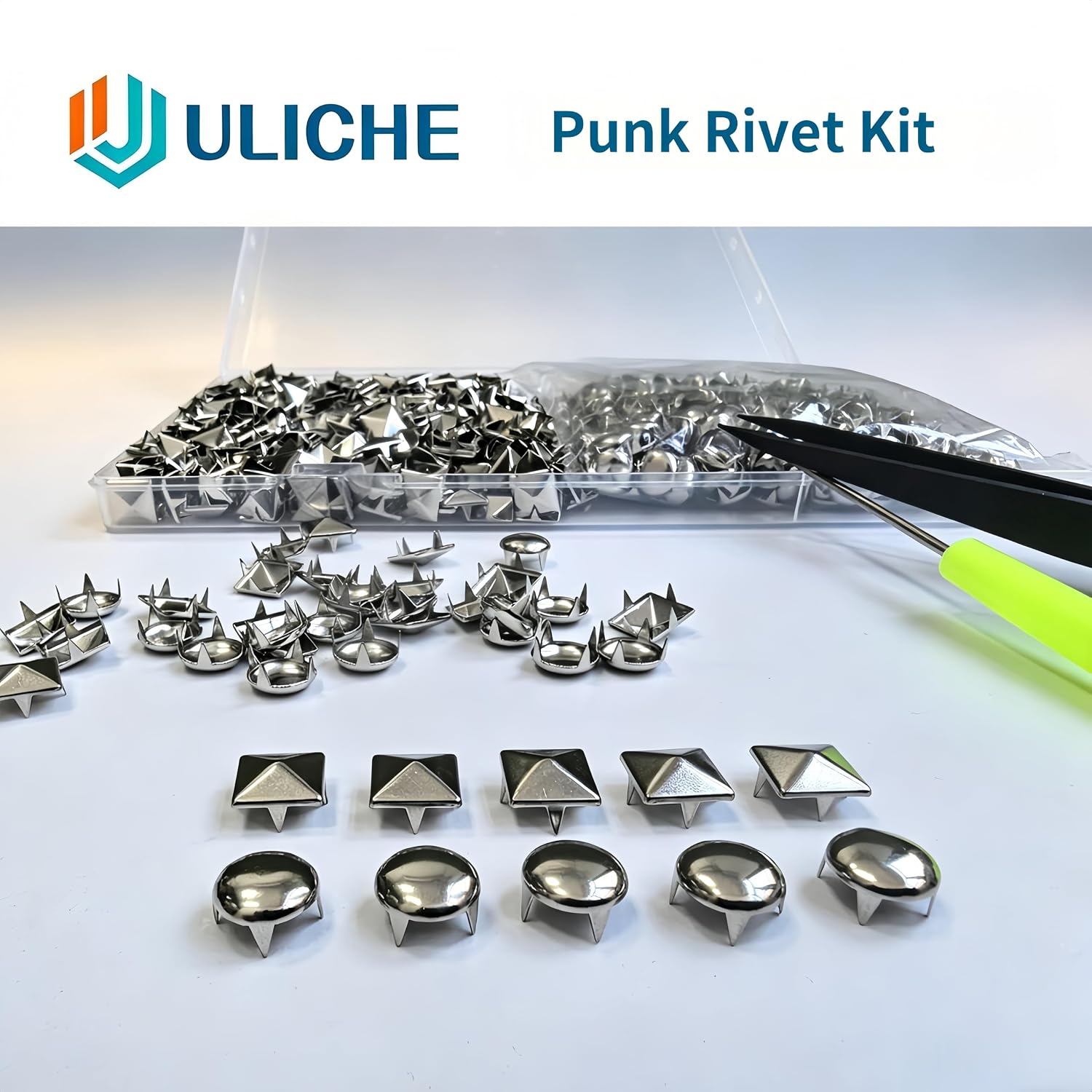 Uliche 1000PCS Punk Rivet Kit for Clothing, Premium Metal Square Pyramid Studs & Round Dome Rivets for Leathercraft Punk Style DIY Craft Decoration for Punk Style Clothes Belts Bags Shoes Dog Collar