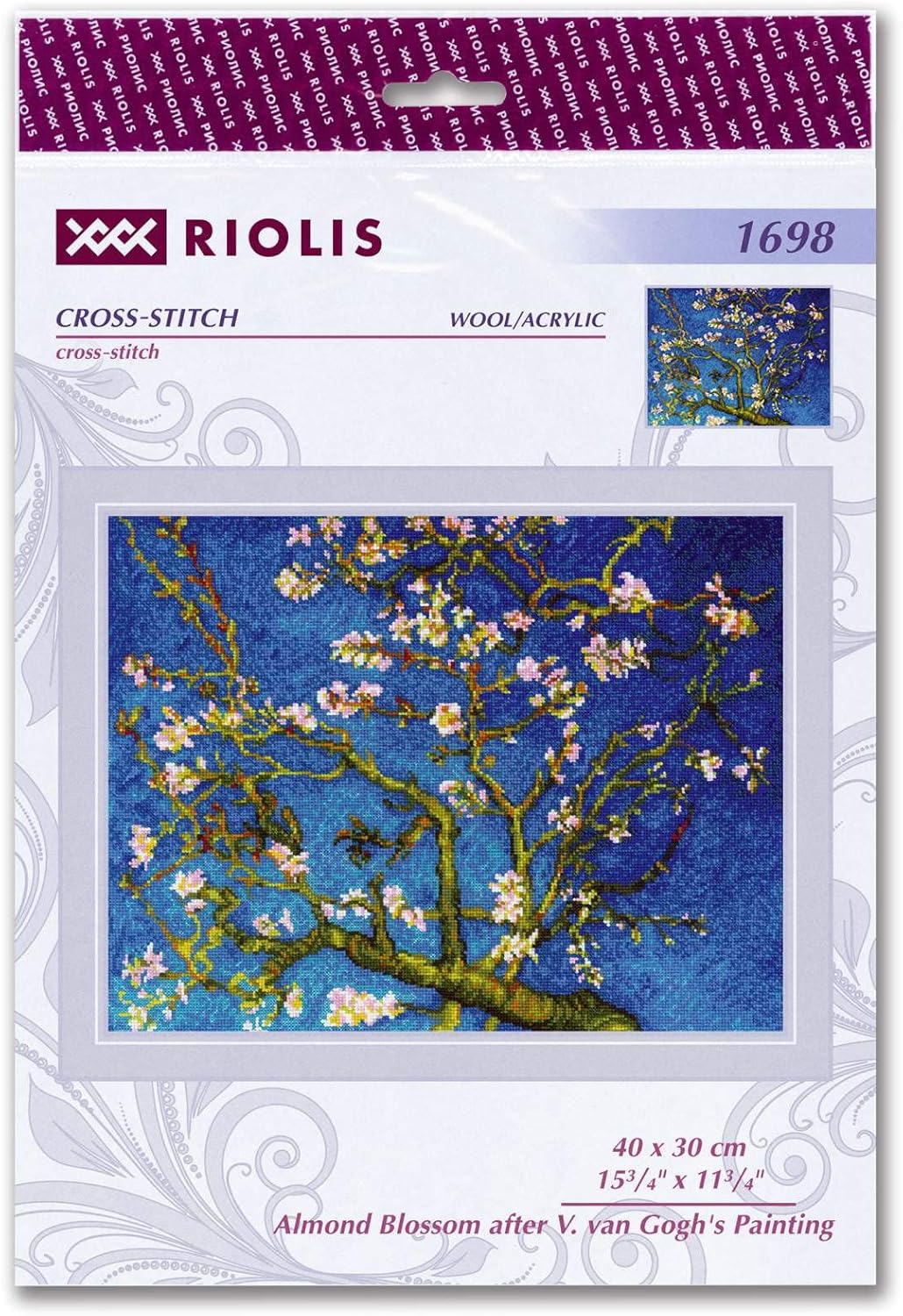 RIOLIS - Almond Blossom After V. Van Gogh's Painting 1698, Cross Stitch Kits 15,75" x 11,81", Cross Stitch Kits for Beginners & Advanced, Crossstitching Kit Adult, Embroidery Counted Stitching Kit