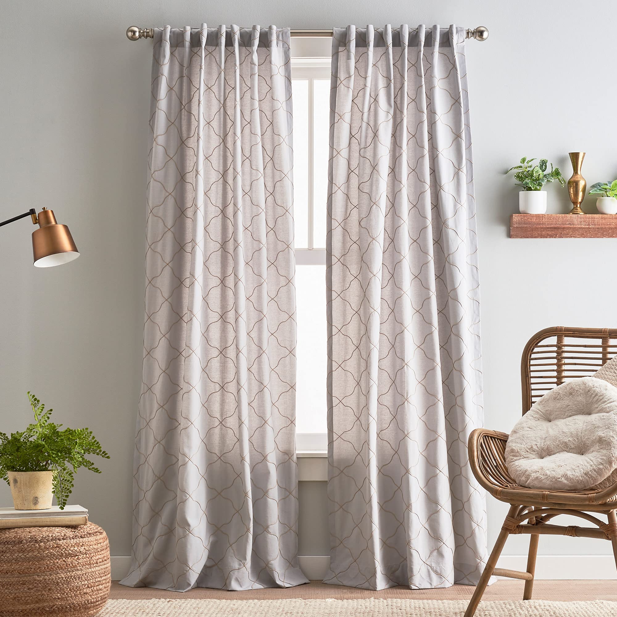 Peri Home Mallorca Embroidery Back Tab Window Curtain Panel Pair, 108", Silver/Natural