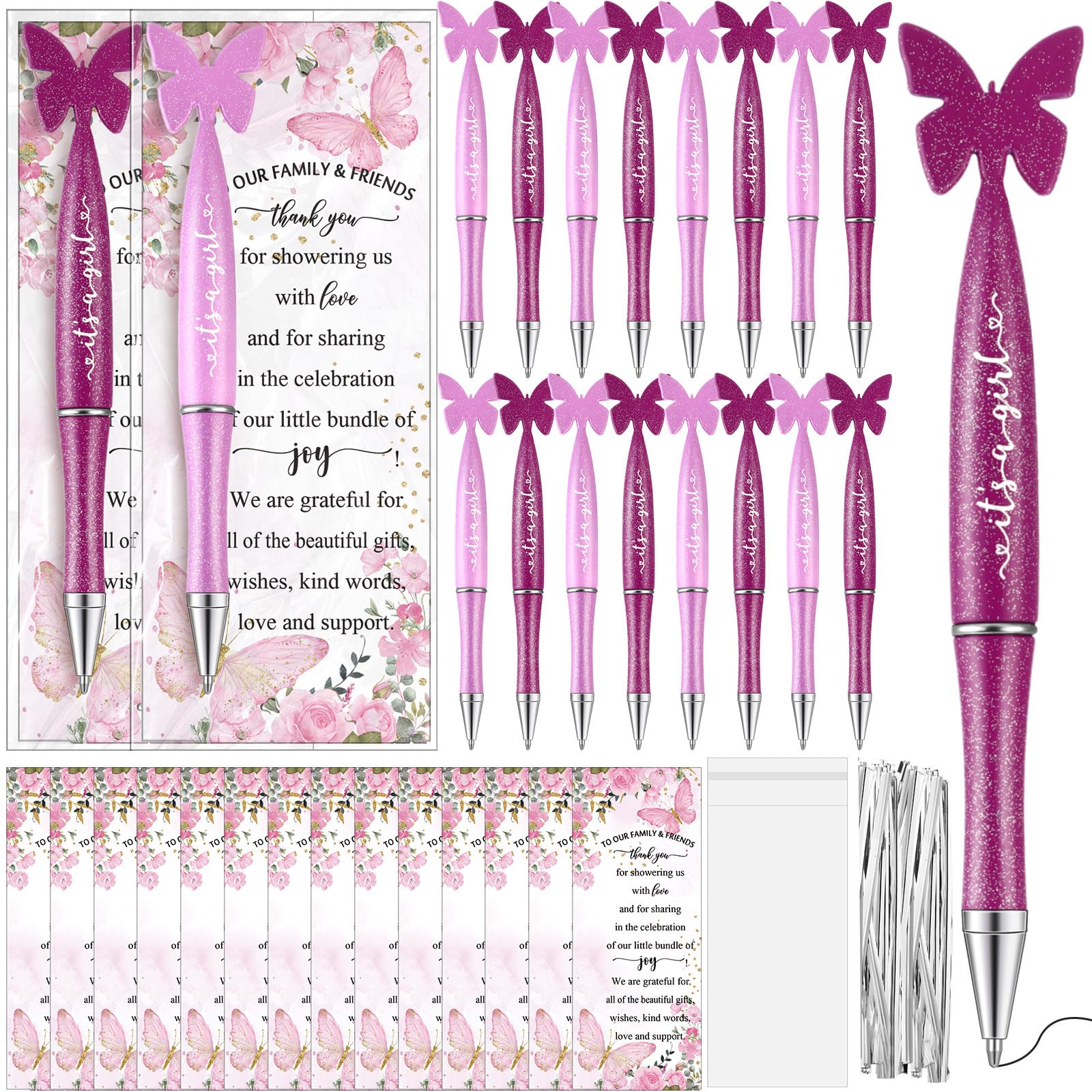 Spakon 60 Set Butterfly Favors for Guest Butterfly Ballpoint Pens Thanks You Cards Gifts Bulk for Souvenirs Prizes Wedding Party Favors(Pink, Purple)
