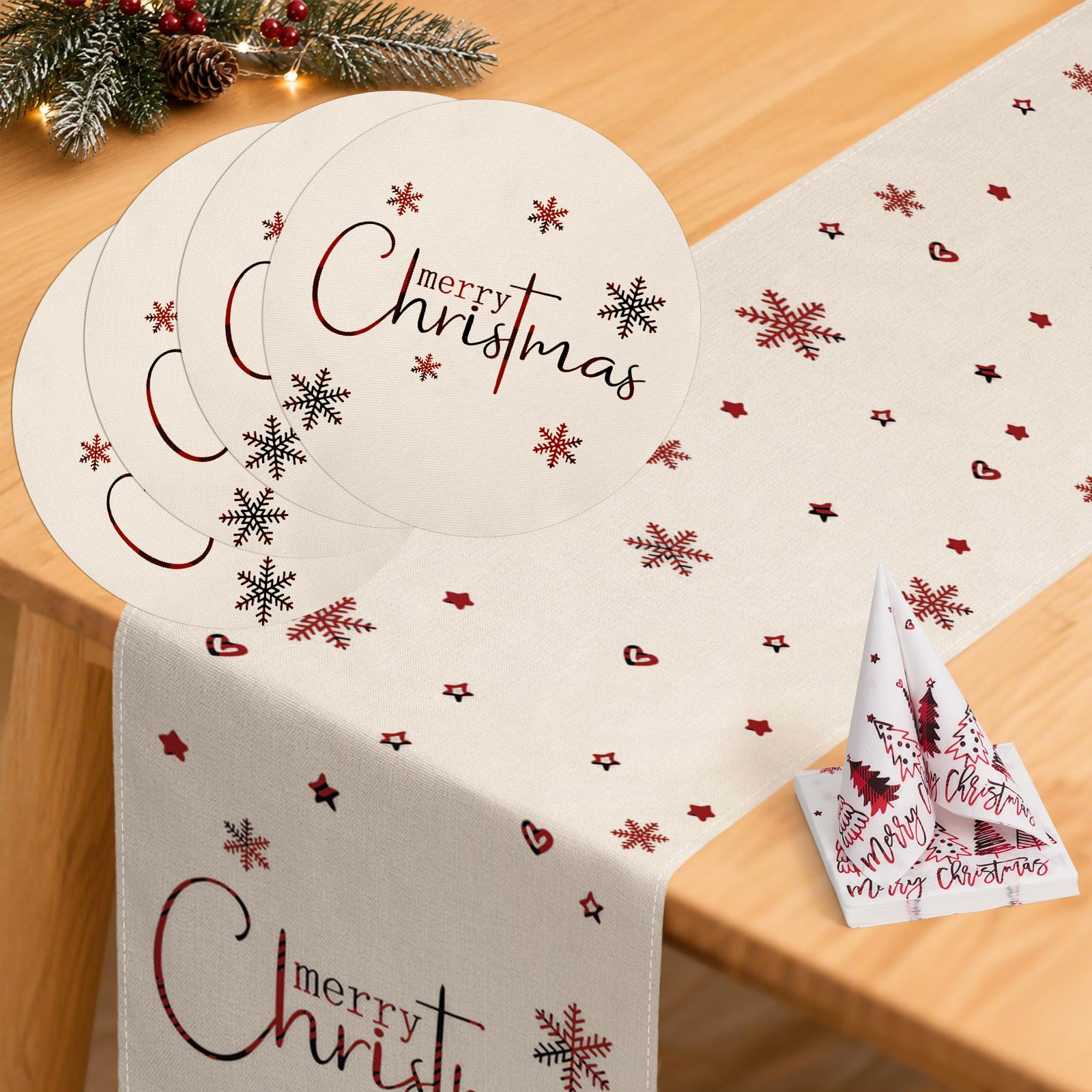 YCOLL Christmas Table Decorations – Beige Winter Table Runner, Modern & Water-Resistant, with Placemats and Napkins Set for Indoor & Outdoor Use, Party, Kitchen & Dining Table Décor