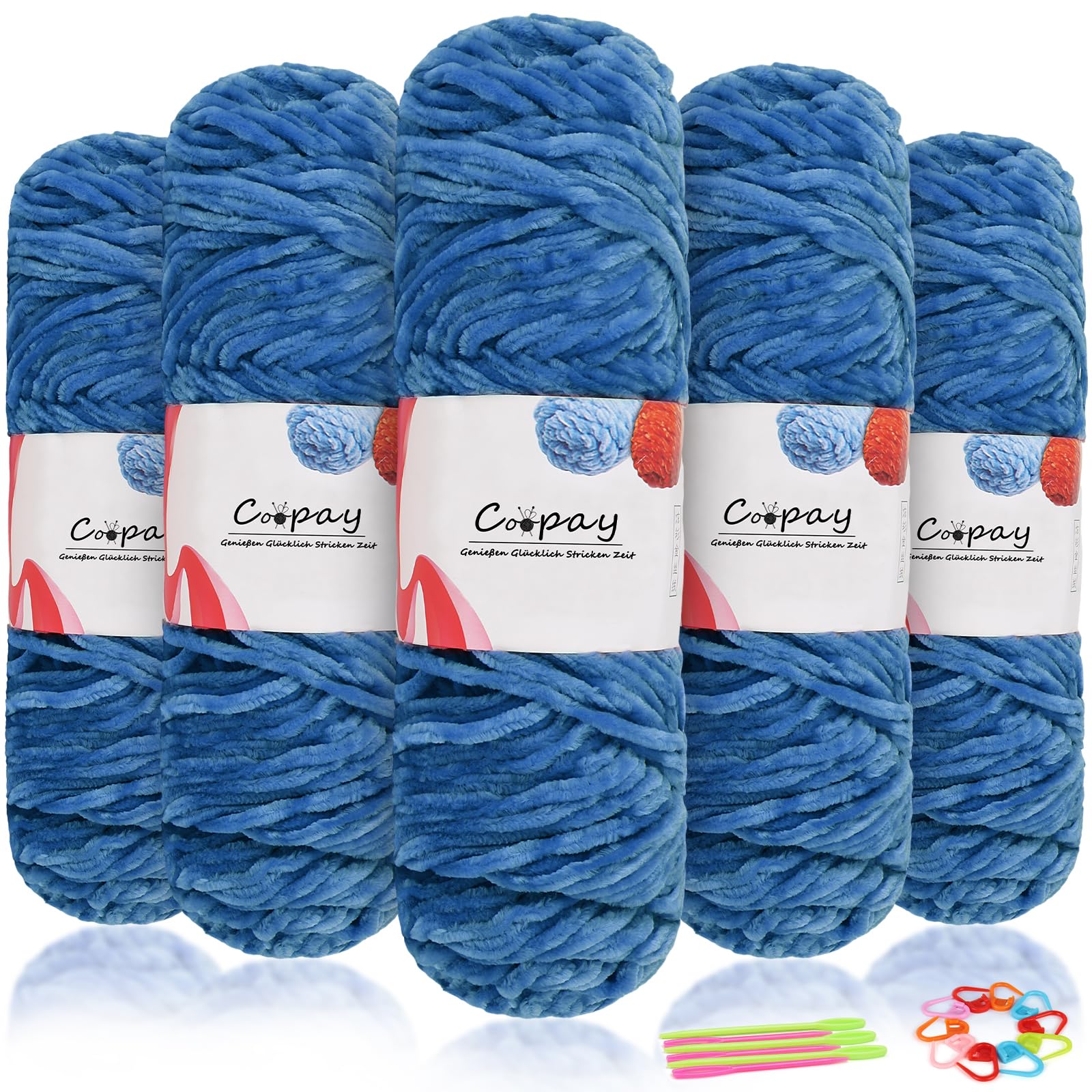 Coopay Samt Chenille Wolle, 500g (5x100g) Velvet Chenillegarn Wolle zum Häkeln, Flauschige Weicher Babywolle für Kinder, Samtig Chenillewolle mit Häkelzubehör für Puppen, Schals