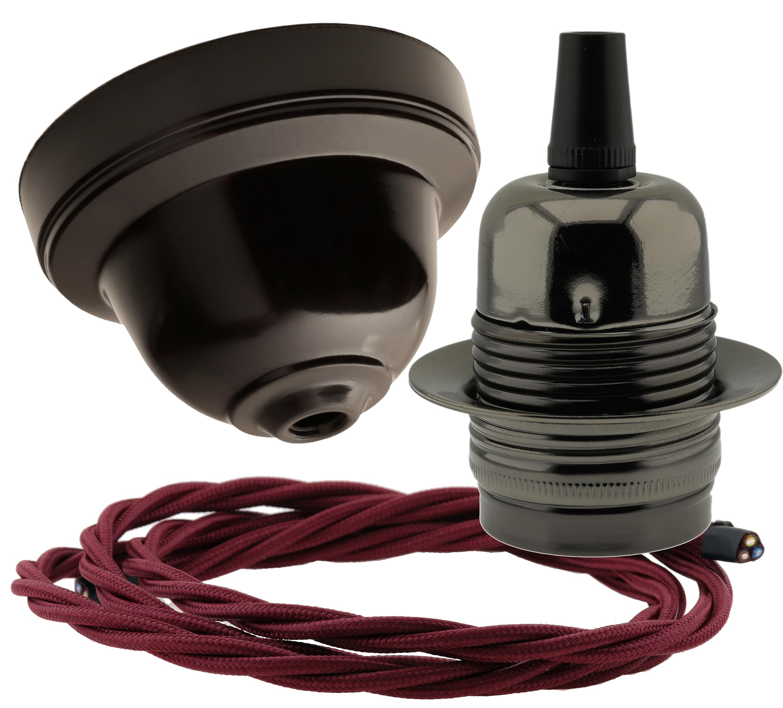 Repaireum Ltd. Vintage Styled Ceiling Pendant Kit incl. Black Bakelite Rose, Traditional E27 Lampholder in Antique Bras and 3 Core Rich Burgundy Braided Twisted Flex
