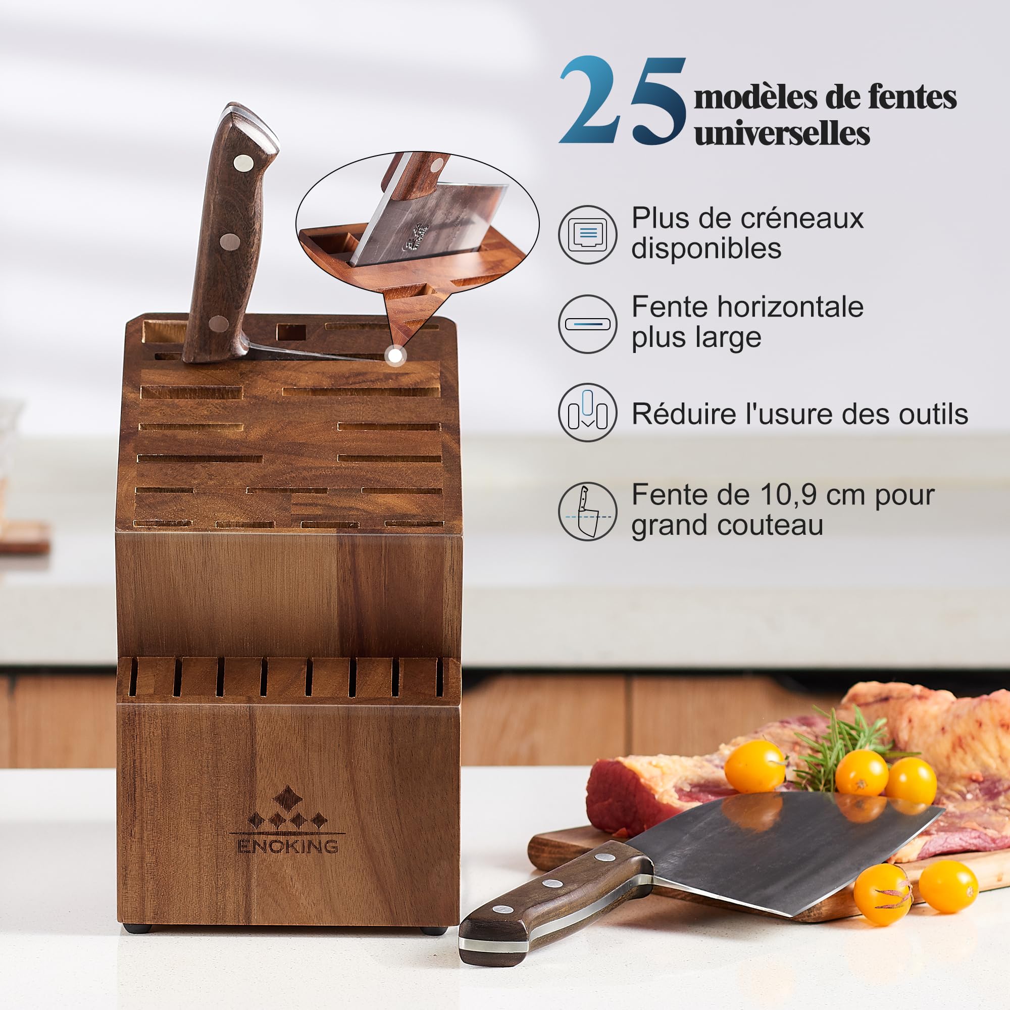 ENOKING Bloc couteaux 25 pièces Rangement pour Couteaux, Porte Couteaux de Cuisine en Bois d'acacia, Bloc Couteaux Cuisine sans couteaux, Support de couteaux Ciseaux