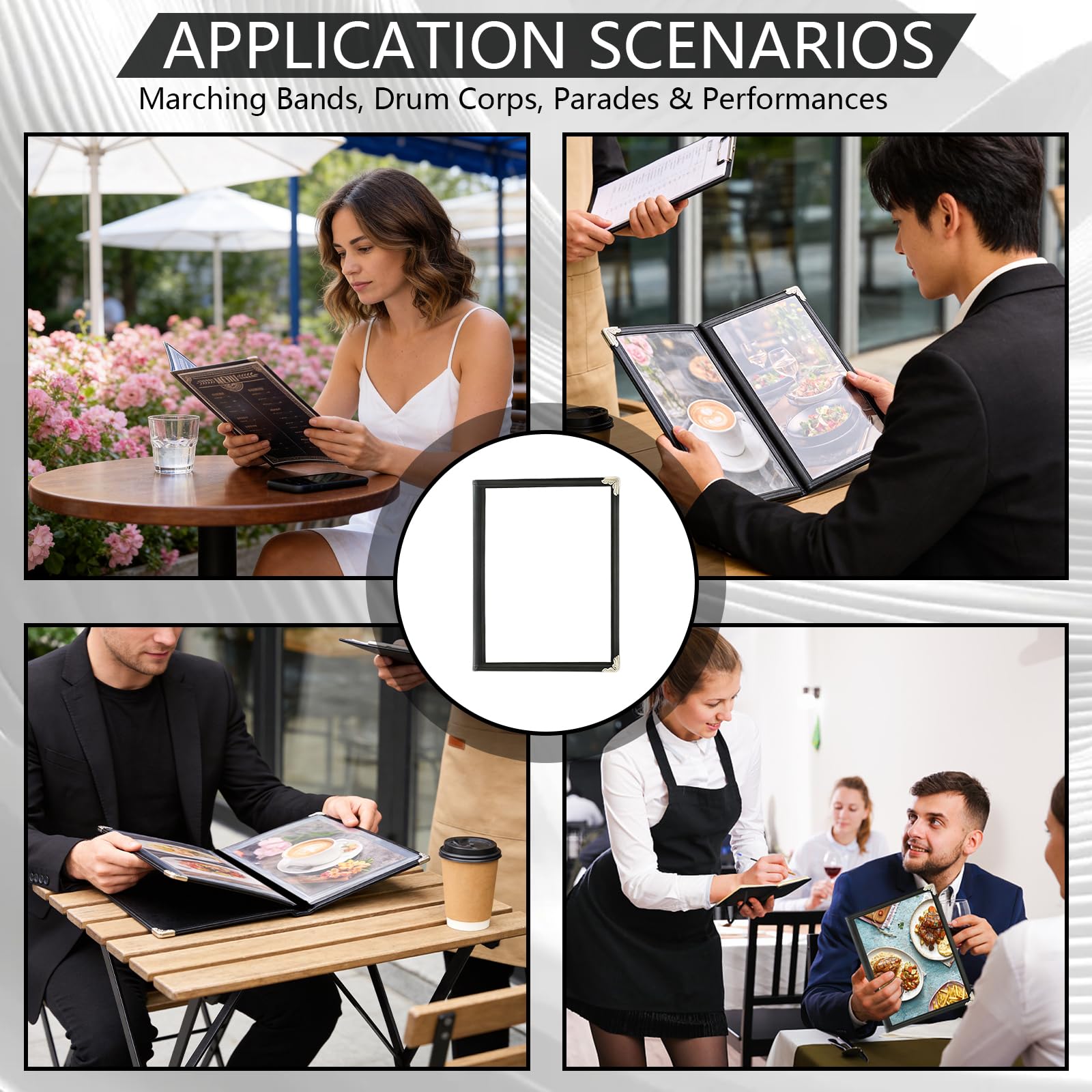 Porte-Menus, Lot de 6 Porte-Cartes de Menu Pliables A4 Protege Menu Transparents à Double Vue avec Surface Imperméable et Protection des Bords Porte Menu 4 Pages 8 Vues pour Restaurants Hôtels et Bars