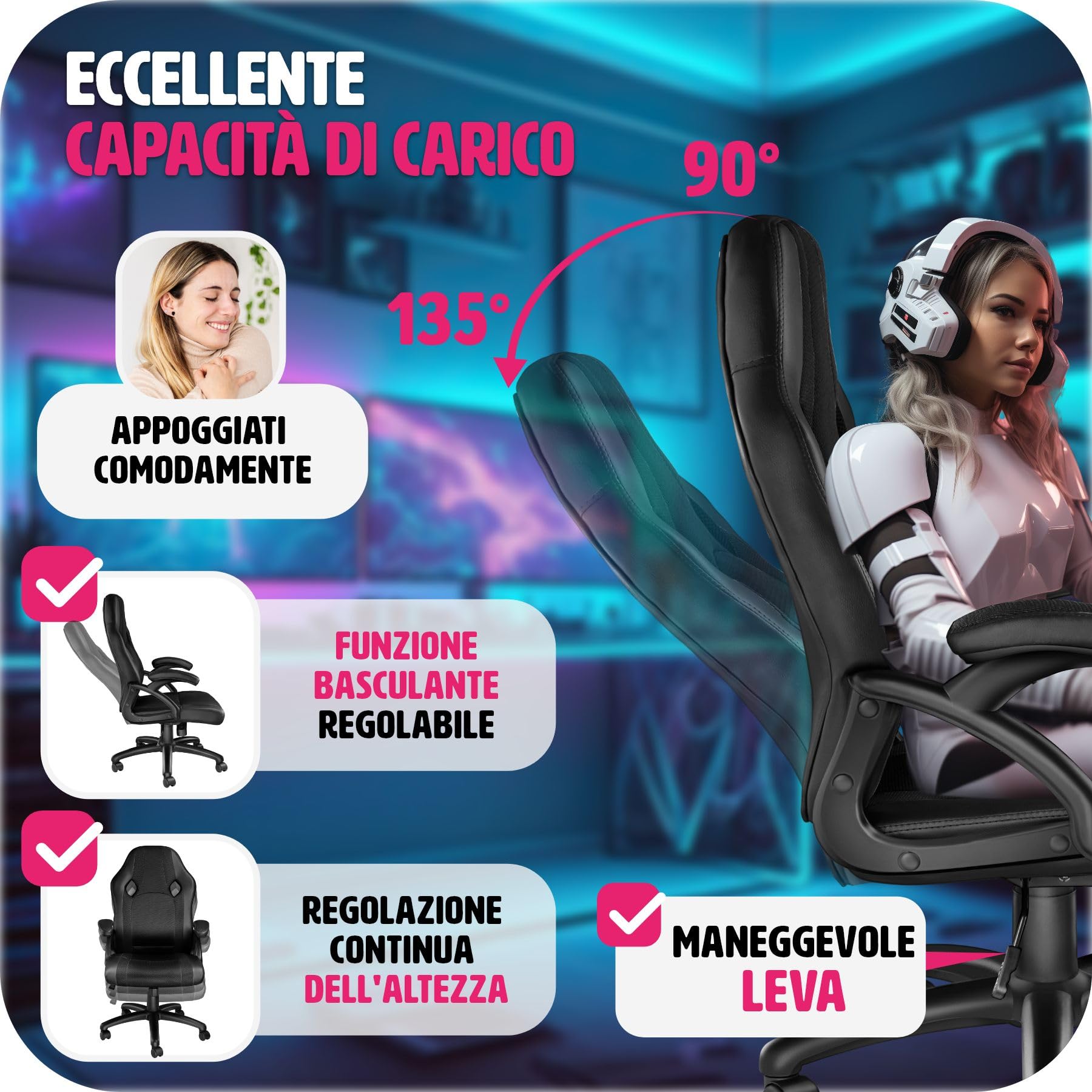 tectake® Sedia da Ufficio Ergonomica, Poltrona Gaming con Altezza Regolabile, Struttura Robusta, Rotazione a 360 Gradi, Meccanismo Basculante, 5 Rotelle Doppie - Nero