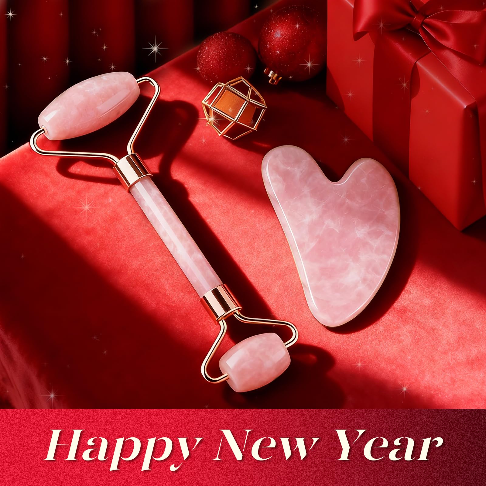 huefull Face Massager Rose Quartz Face Roller & Gua Sha Facial Tool Set, Muscle Tension Relief, Skin Care Gifts for Woman/Men, Skin Care Gifts