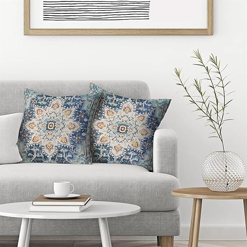Miniatura 3 de AEIOAE Juego de 2 fundas de almohada bohemias de 18 x 18 pulgadas, fundas de cojín con patrón de alfombra, diseño étnico azul y amarillo para