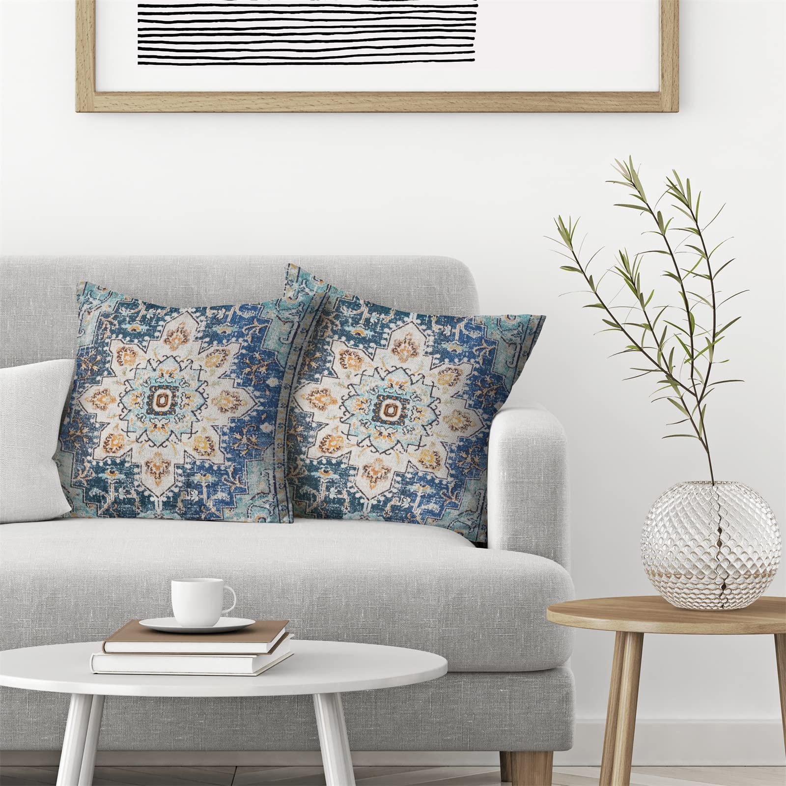 AEIOAE Boho Pillow Covers 18x18 Inch Set of 2,Carpet Pattern Throw Pillows Case,Blue Yellow Ethnic Design Outdoor Decorative Square Linen Farmhouse Decor Cushion Covers for Home Sofa Bed Couch - Image 3