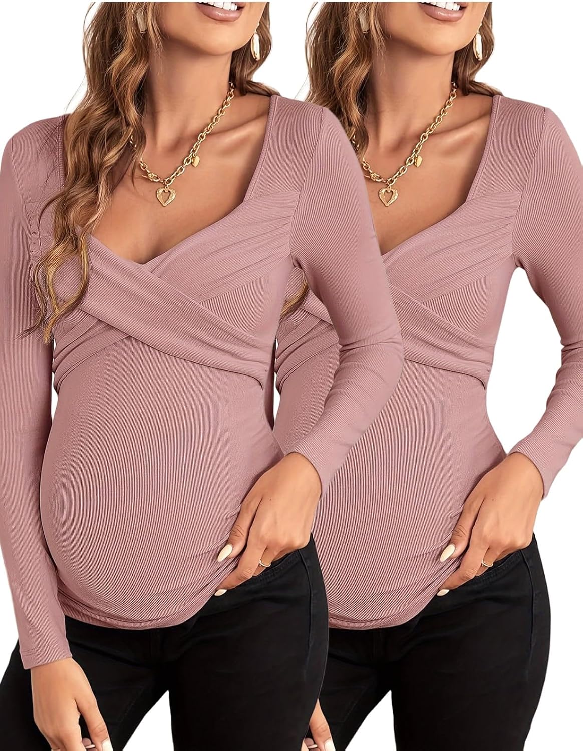 Tooluck 2pcs Women's Maternity Long Sleeve V Neck Wrap Tee Shirts Plain Ruched Button Detail Casual Tee Tops Pink