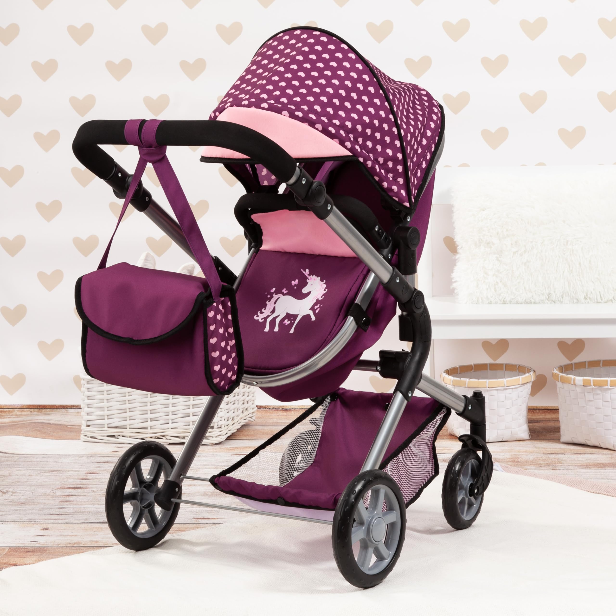 Bayer Design 18137AA City Neo Kombi Puppenwagen mit Wickeltasche, umwandelbar in einen Sportwagen, höhenverstellbar, faltbar, Pflaume, rosa, Einhorn, 52cm