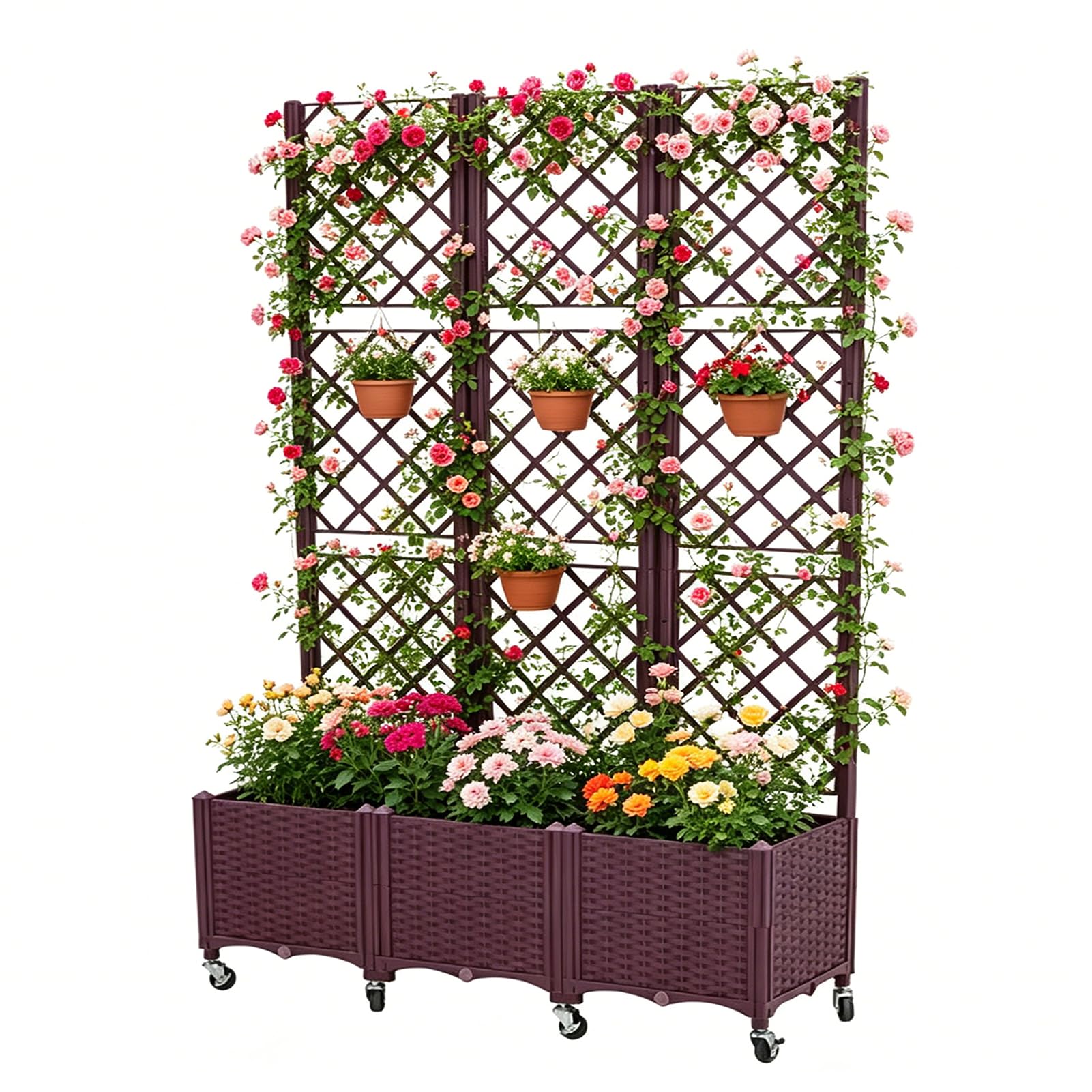 Fioriera 3 Pezzi con Traliccio, 120x40x193 cm, Vaso Fioriere alto in PP Resistente con Ruote Frenabili e fori Drenaggio, Fioriera da Balcone per Piante Rampicanti, Giardino Terrazza, Marrone
