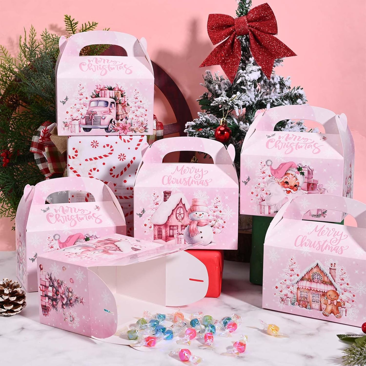 Bolsome 16Pcs Pink Christmas Treat Boxes - Santa, Snowman, Gingerbread Man, Xmas Tree, Truck Goodie Candy Boxes - Merry Christmas Party Favor Boxes for Winter Holidays Supplies - Image 4