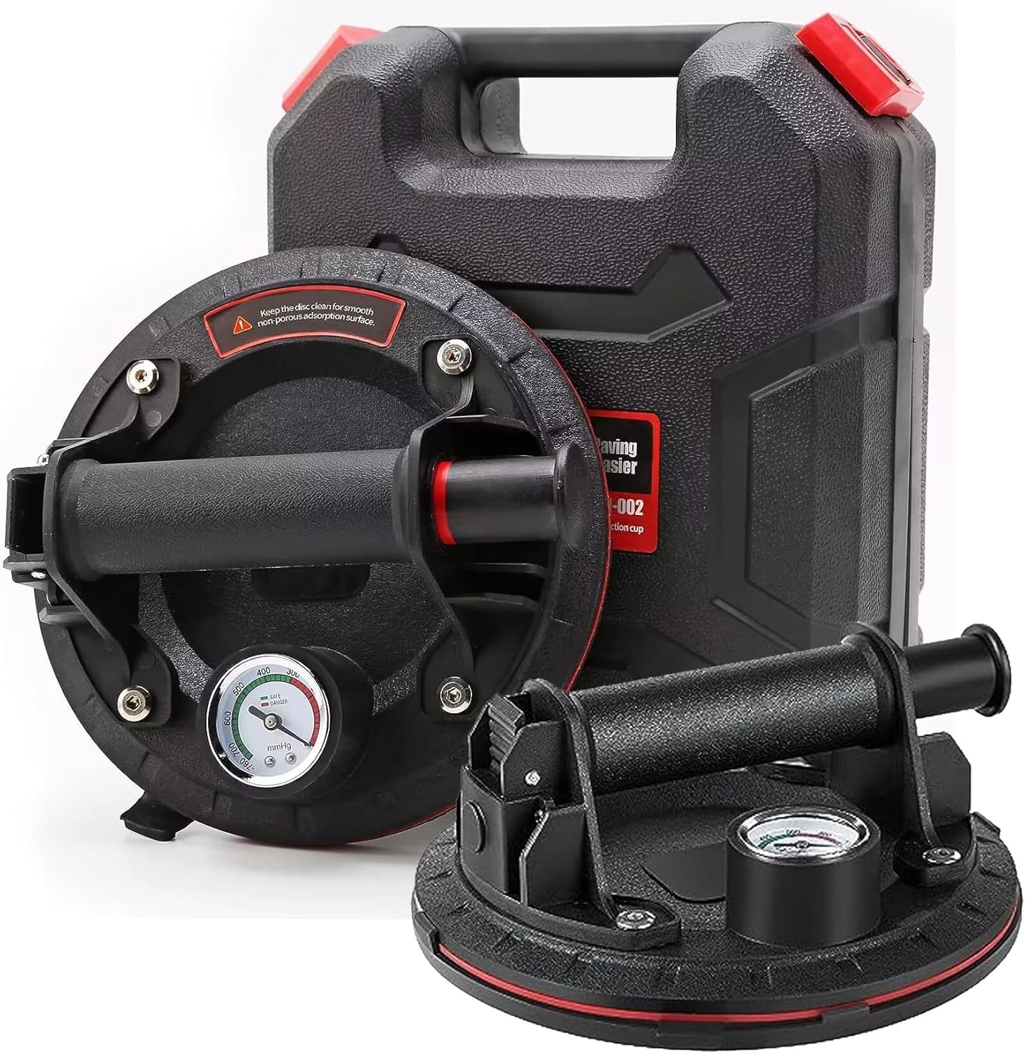 2 Pièces 8" Ventouse Carrelage avec Manomètre - Ventouse Vitrier Capacité de Charge Max 230 kg, Professionnelles Ventouses à Vide avec Boîte de Transport pour Verre, Carreaux, Marbre