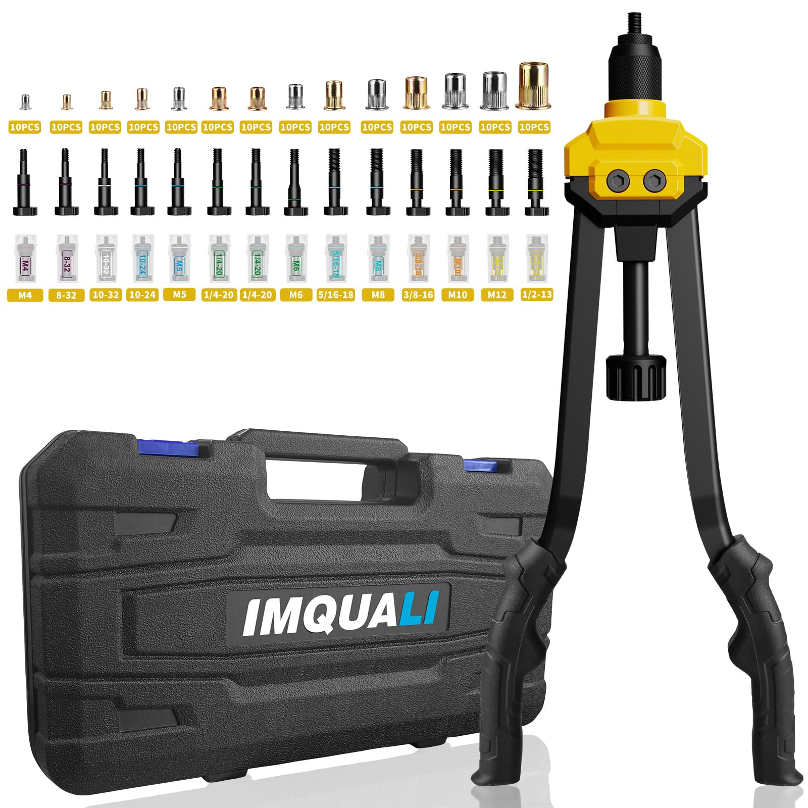 IMQUALI Rivet Nut Tool Rivet Nut Kit, 16" Rivnut Tool Kit with 14 Metric & SAE Mandrels Rivet Nut Assortment Kit with 140 Rivet Nuts, Hand Riveters Nutsert Tool Kit with Durable Blow Molded Case