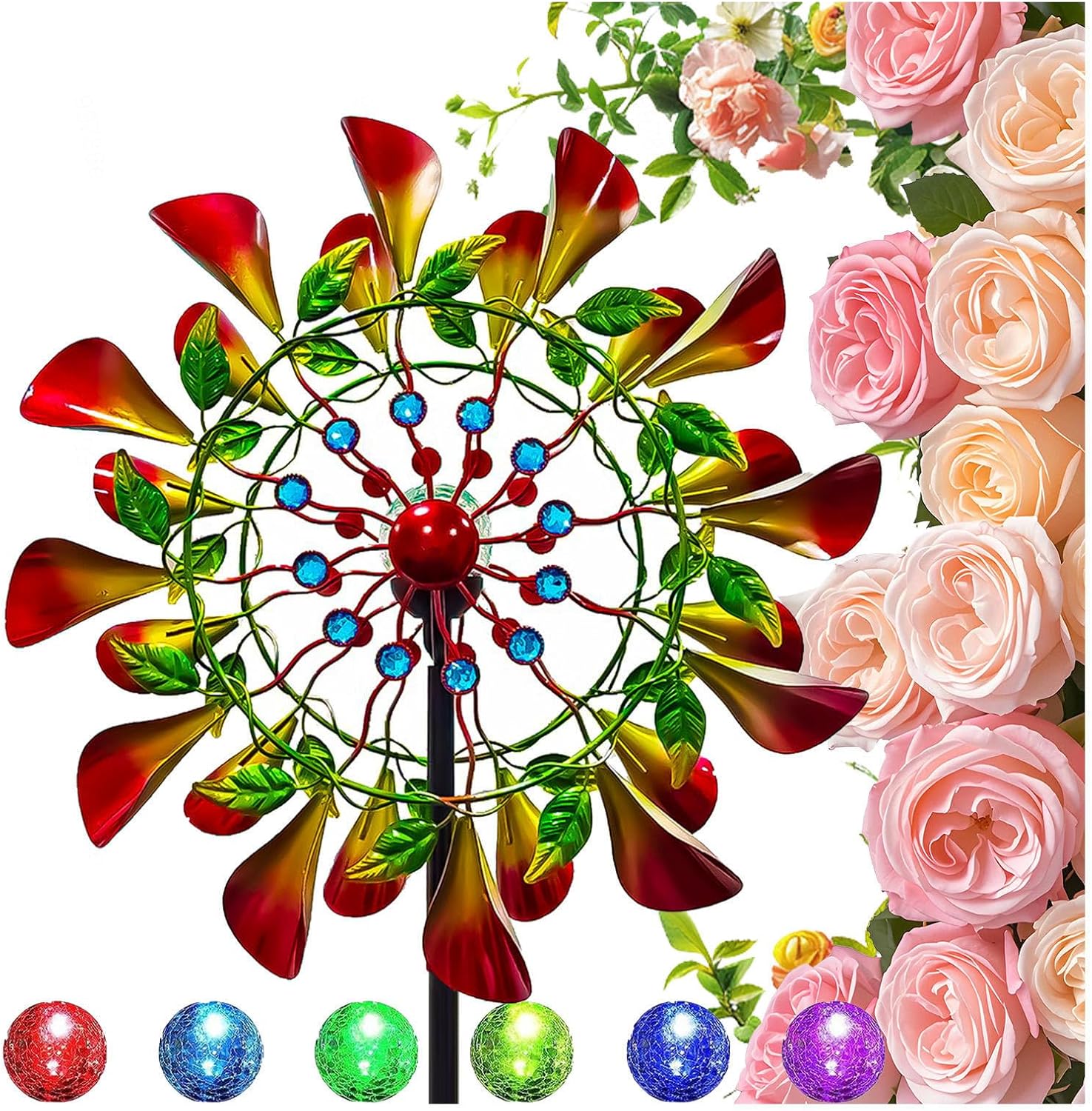 83in Garden Windmills and Spinners Metal Color Led Changing Solar Powered Glass Ball Large Wind Spinners