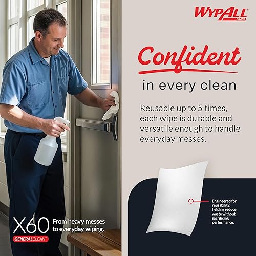 Vista 6 de WypAll GeneralClean X60 - Toallitas de limpieza multitarea (54015), Brag Box, toallas fuertes y absorbentes, color blanco