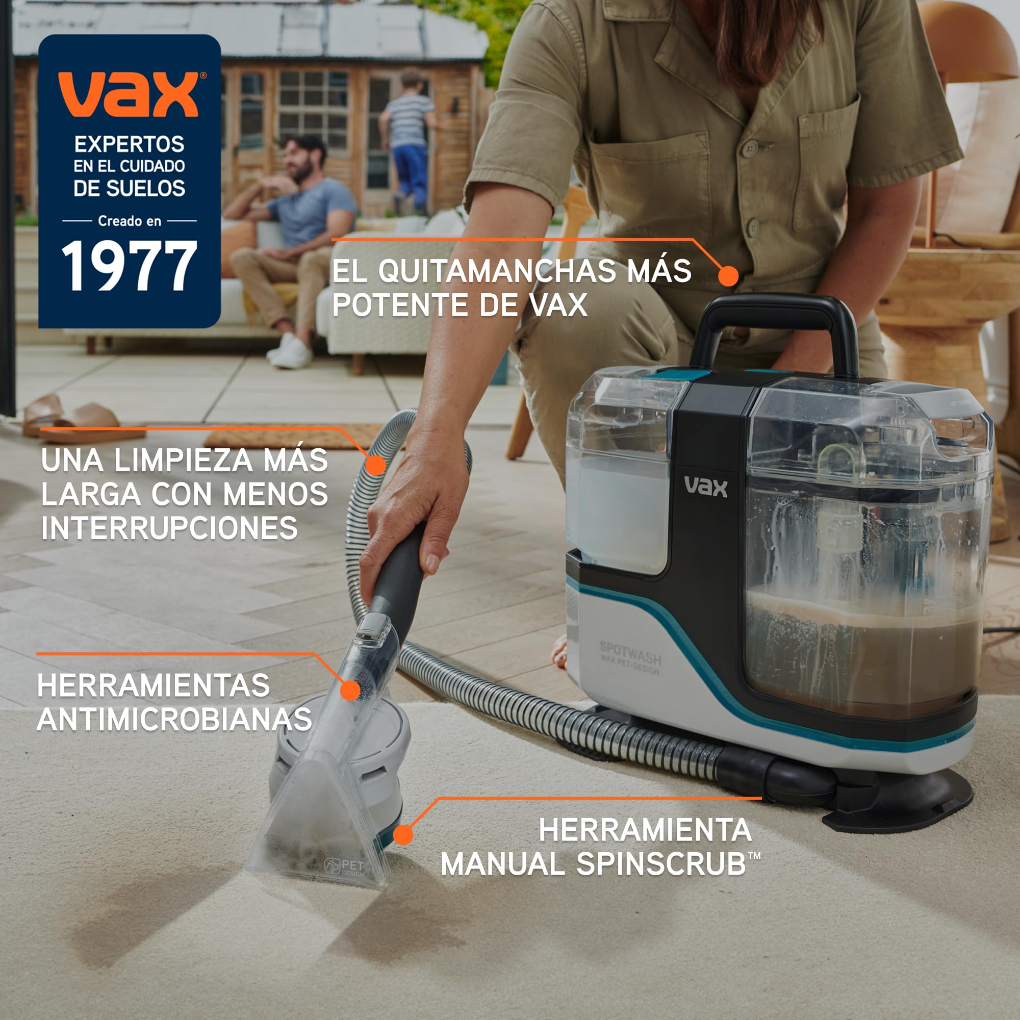 Limpiador quitamanchas Vax SpotWash Max Pet-Design, potente quitamanchas para alfombras y tapicerías con tecnología SpinScrub, depósito XL, limpieza profunda para mascotas, sofás