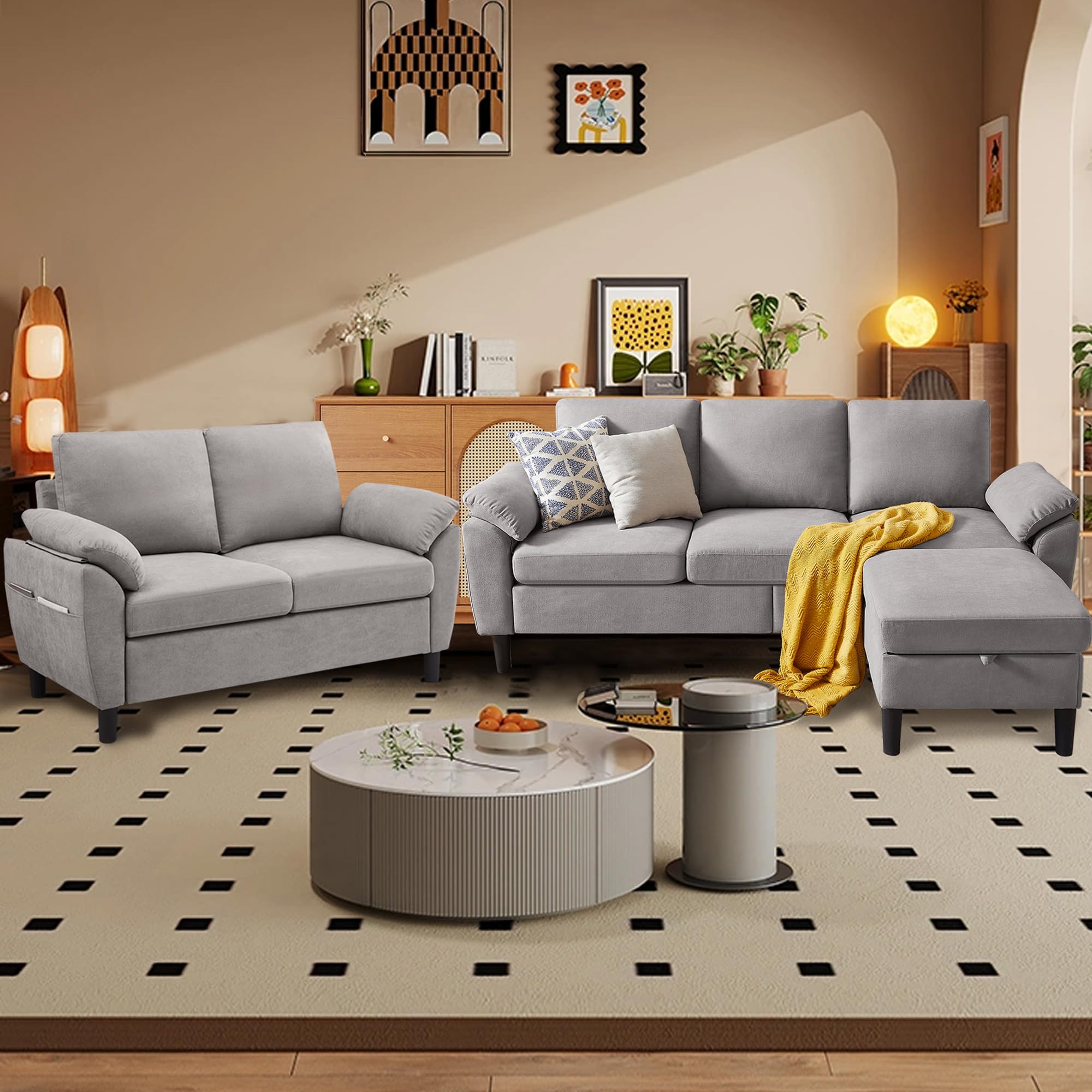 Chireca 80 Inch Convertible Sectional Sofa Set in Light Grey